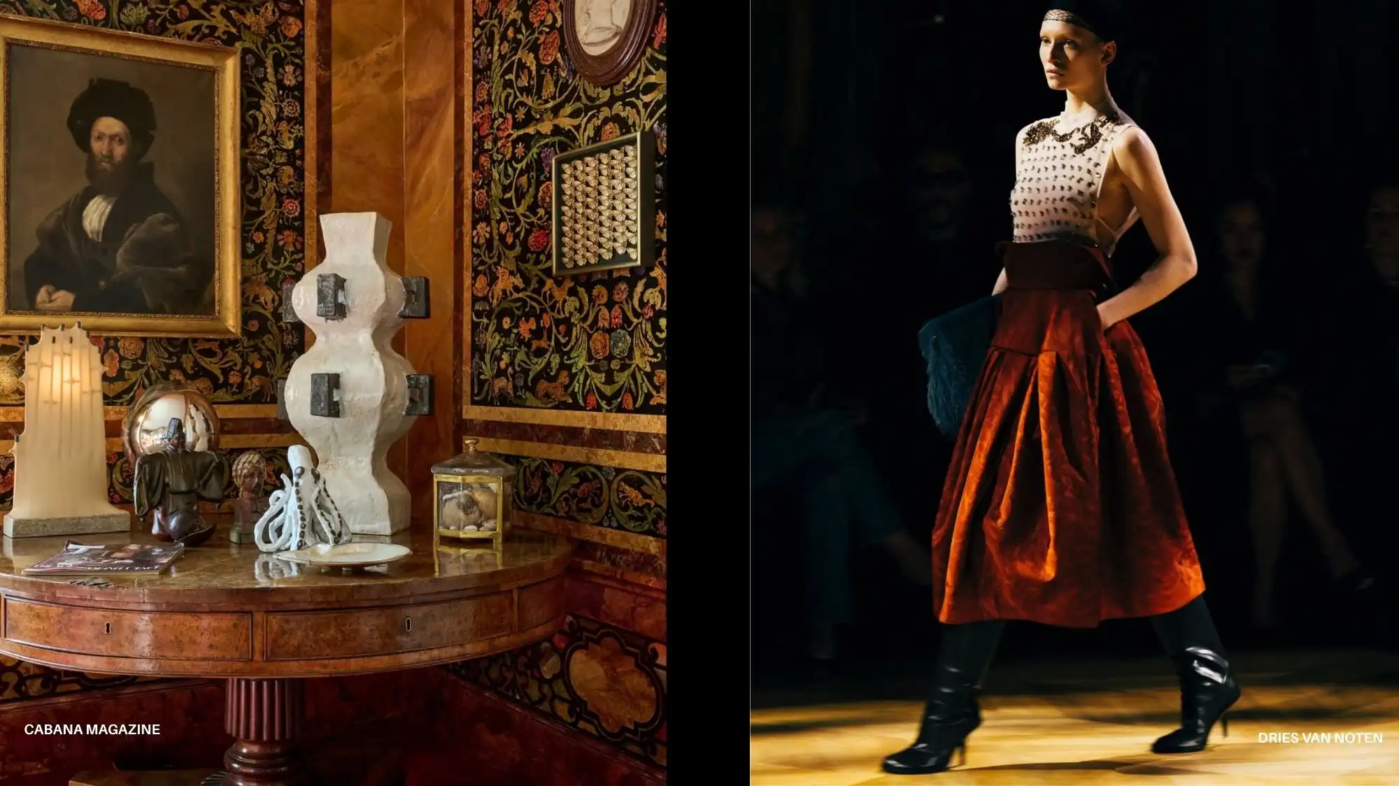 Historical interior with ornate textiles and artisanal objects beside a Dries Van Noten runway look, illustrating Adaptive Belonging—one of the key macro forces in the Autumn Winter 2027–2028 Trend Forecast by C2 Fashion Studio.