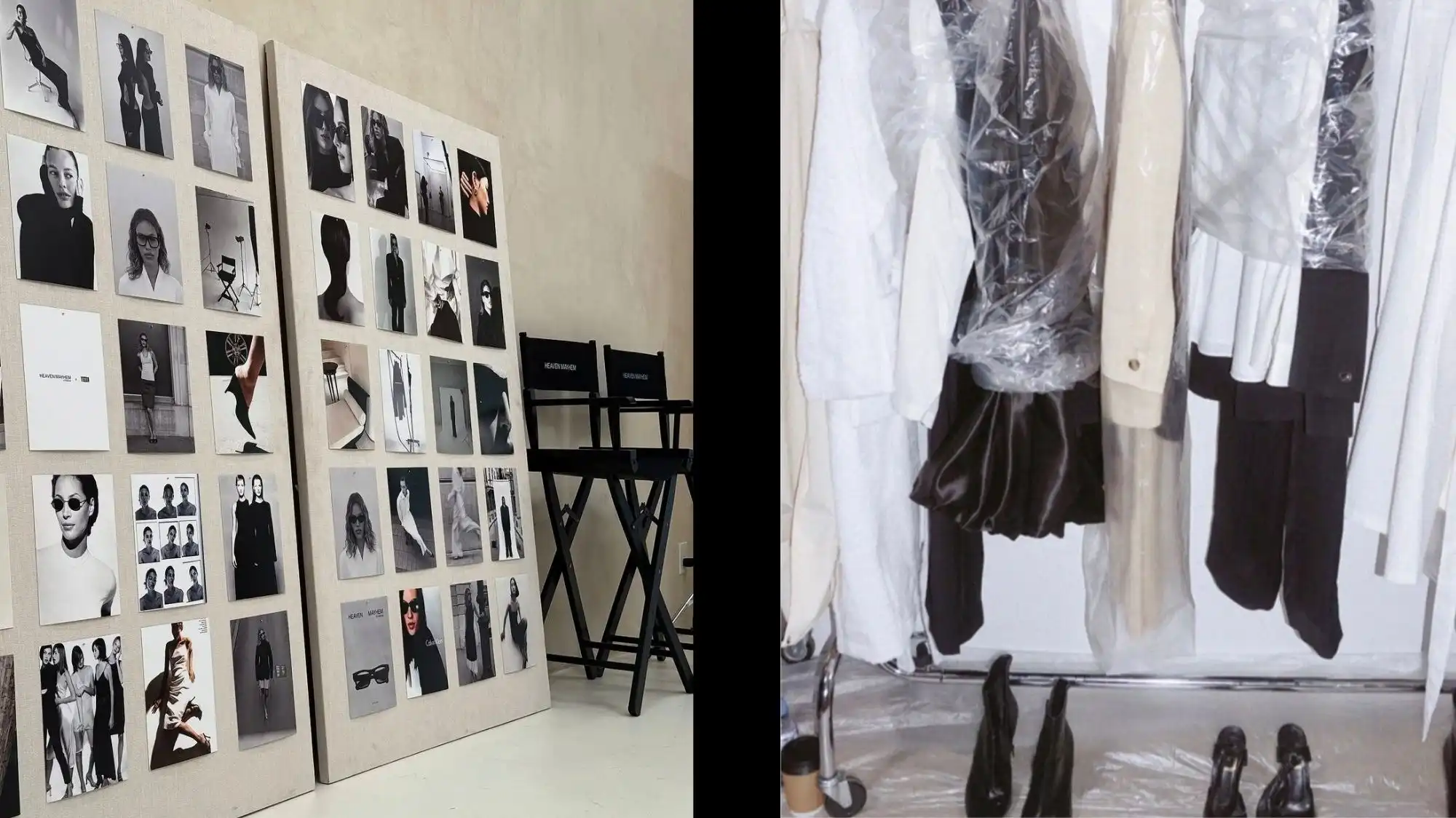 Fashion moodboards and backstage clothing racks from January 2026 industry events, showing early creative direction, styling research, and trend signals for AW27/28.
