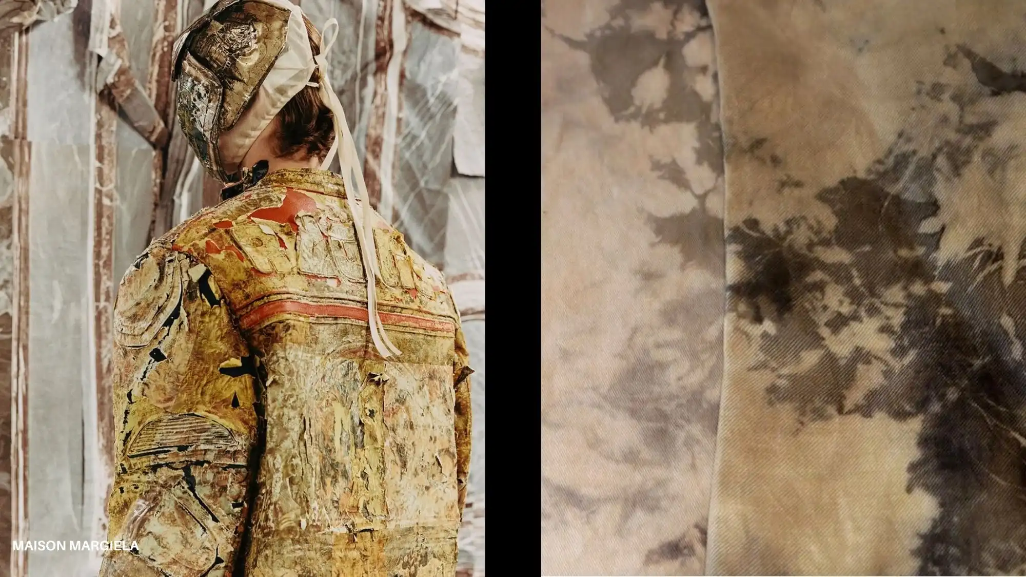 Maison Margiela experimental garment with aged, patinated material surfaces and abstract textile textures, reflecting material intelligence trends for AW27/28 fashion forecasting.