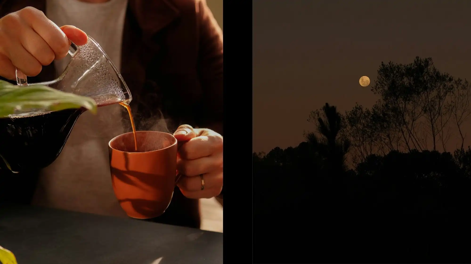 Hands pouring hot coffee into a warm-toned mug alongside a tranquil night landscape with a full moon, illustrating the emotional grounding, slow rituals, and nature-connected mindset defining the Future Consumer 2027 trend.