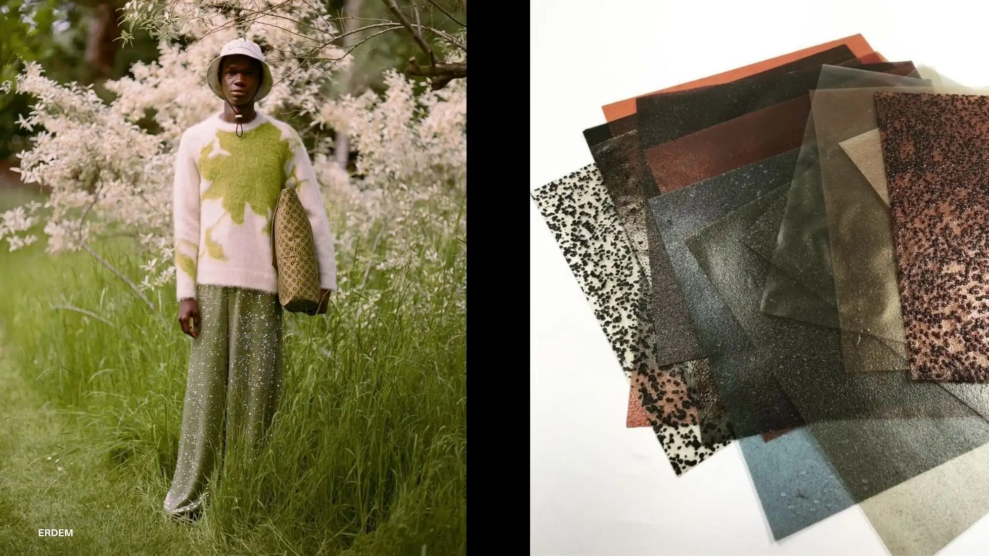 Model in green nature-inspired knitwear beside innovative bio-based material samples, illustrating Regenerative Intelligence in the Autumn Winter 2027–2028 Trend Forecast by C2 Fashion Studio.