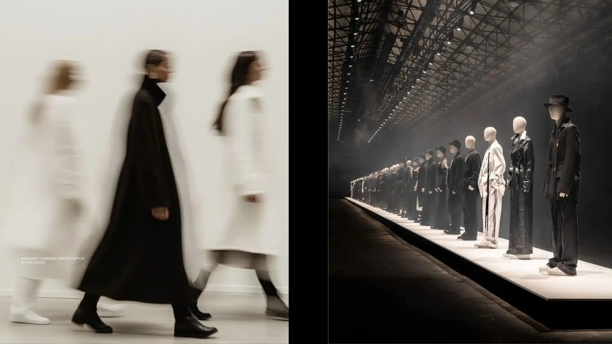 Blurry runway silhouettes and a dramatic mannequin installation from January 2026 fashion events, highlighting emerging aesthetic codes and AW27/28 trend signals.