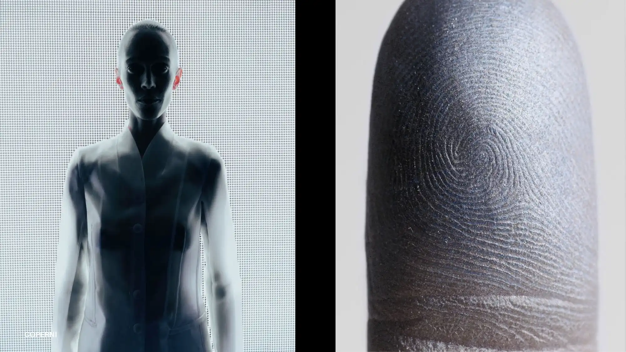 Futuristic translucent figure and macro fingerprint surface illustrating bio-responsive materials, sensorial tactility and Material Luxury Intelligence for AW27/28 fashion trends.