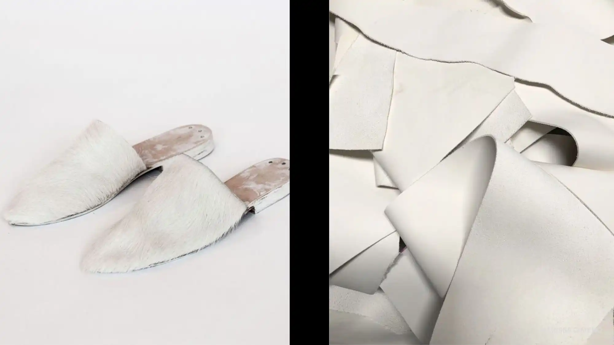 White textured slip-on shoes and soft white leather scraps, illustrating the material purity and refined minimalism inspired by Cloud Dancer, Pantone Color of the Year 2026, and its influence on future Color Trends and design.