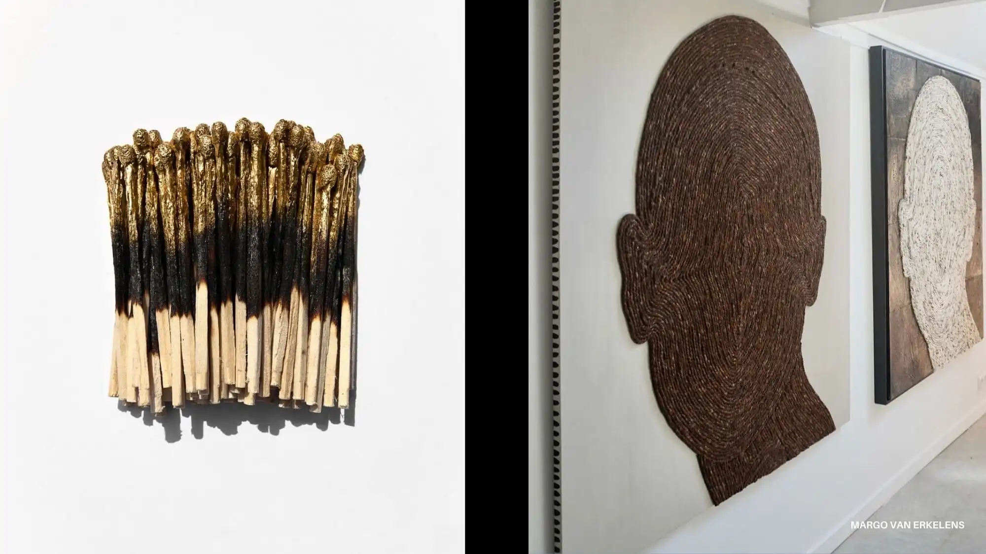 Burnt matches with gold tips and textured portrait artworks by Margo van Erkelens, illustrating Grounded Opulence and Adaptive Belonging in the Autumn Winter 2027–2028 Trend Forecast by C2 Fashion Studio.