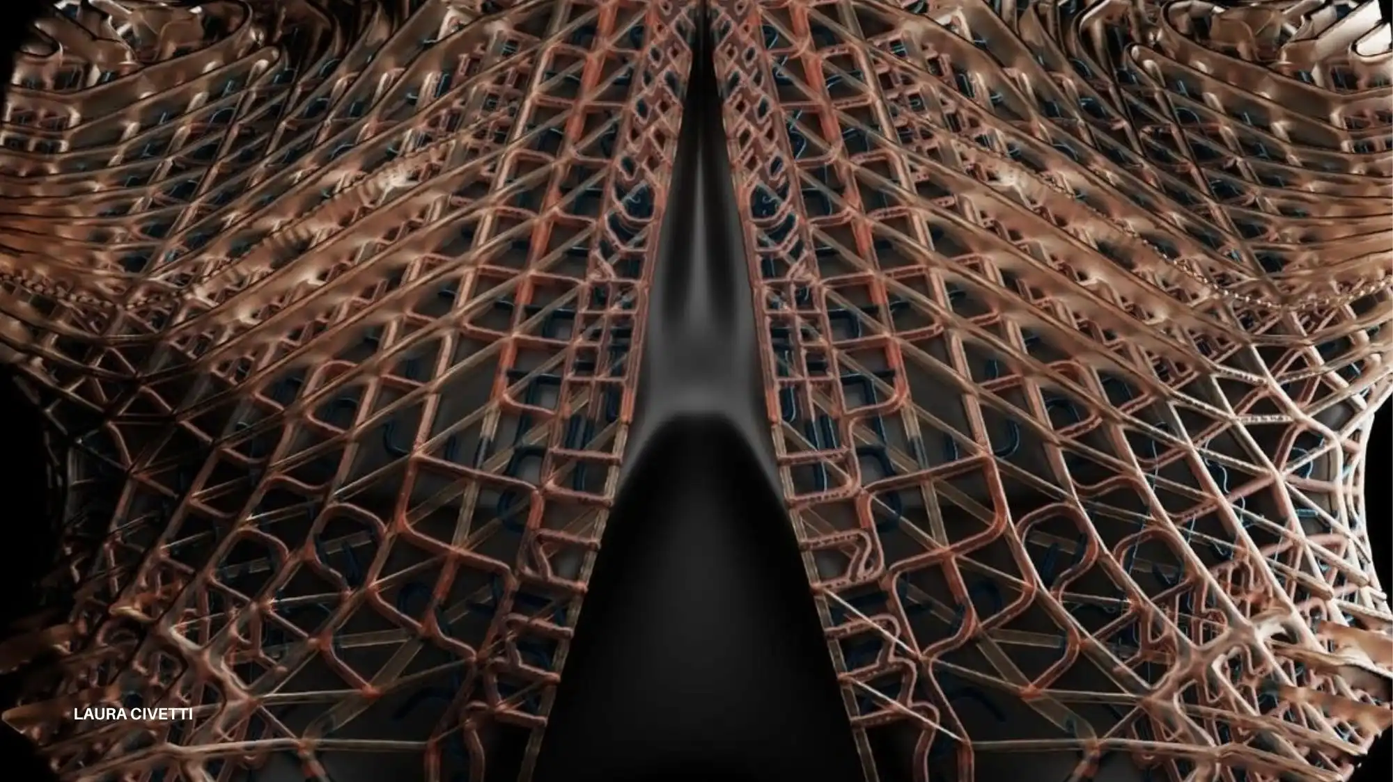 Intricate bio-engineered lattice structure resembling adaptive textile architecture, illustrating hybrid craft, responsive materials, and AW27/28 Material Luxury Intelligence.