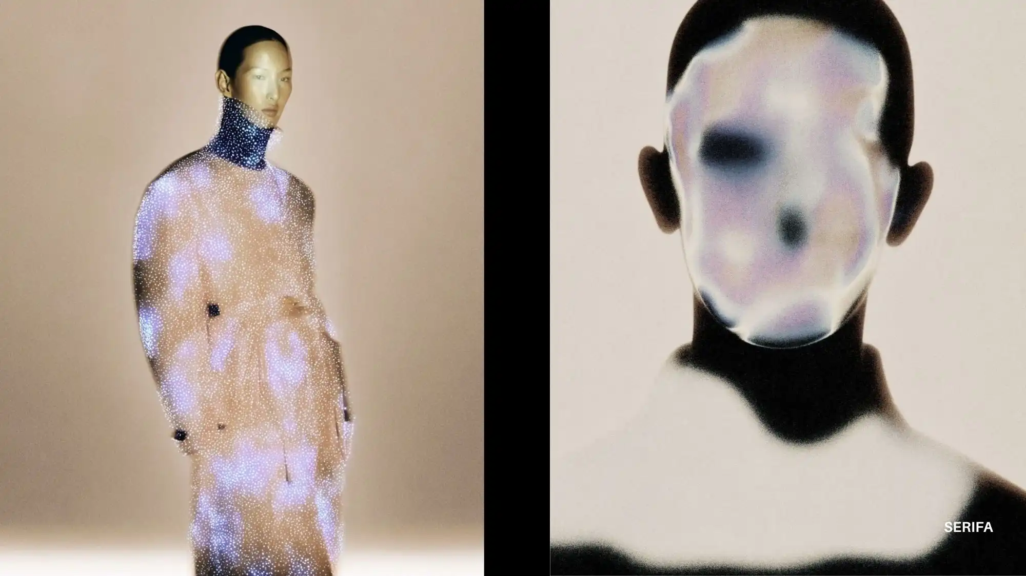 Digital Enlightenment fashion imagery showing a luminous, technology-driven silhouette defining the Spring Summer 2027 macro trend.