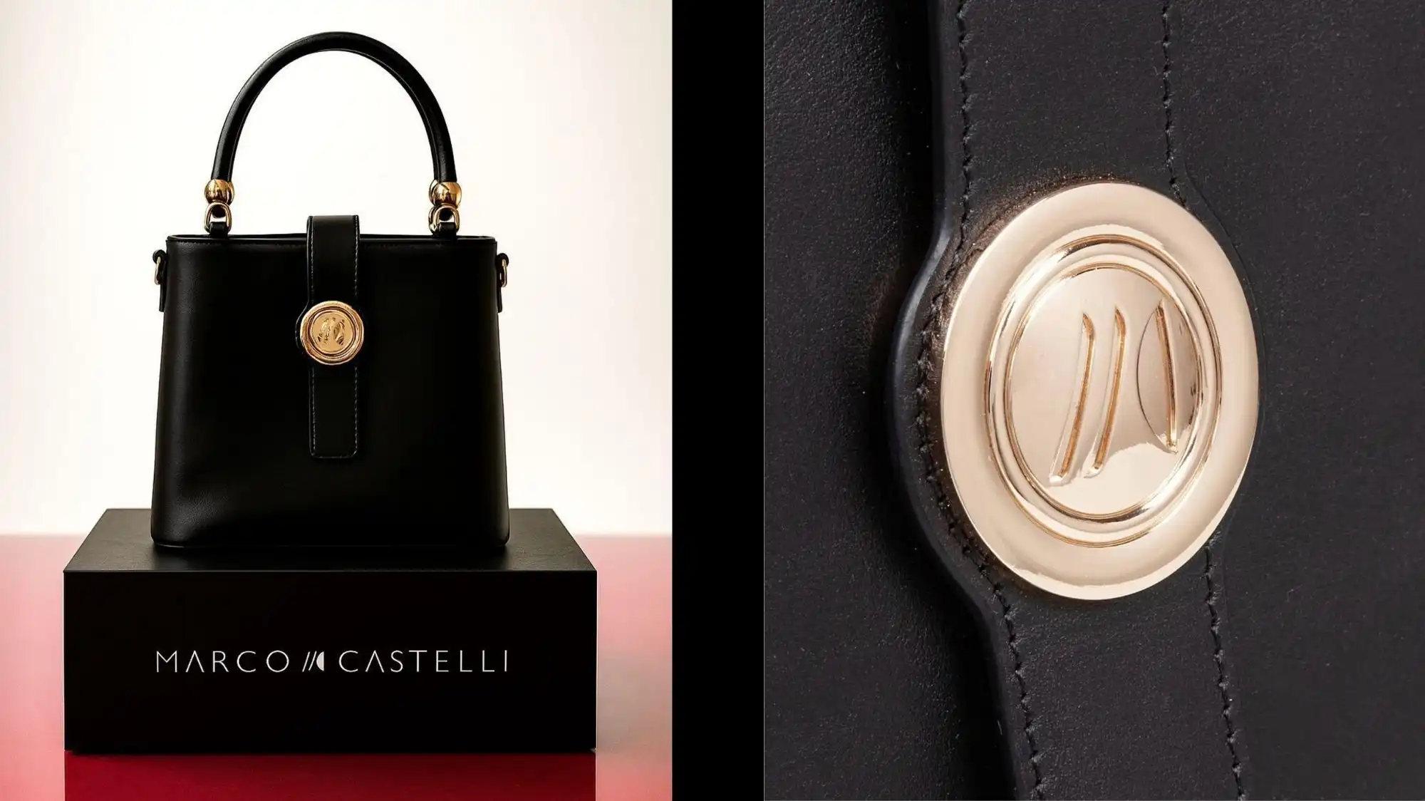 Black leather handbag from Marco Castelli Collection featuring gold logo hardware, showcasing Italian craftsmanship, luxury design, and contemporary accessories.