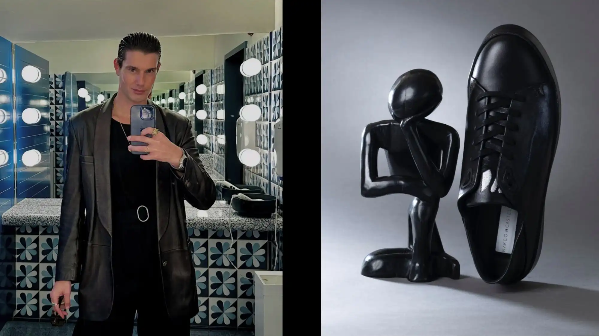 Marco Castelli wearing a contemporary black outfit alongside a sculptural black leather shoe design, highlighting modern luxury fashion, craftsmanship, and creative identity.