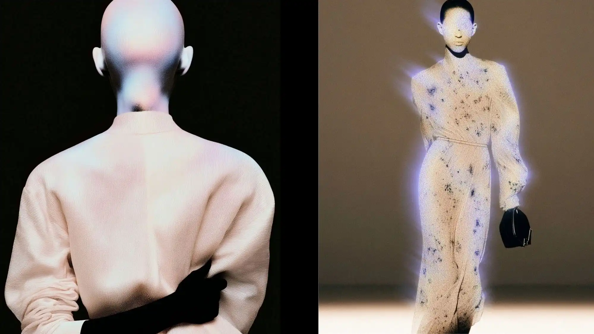 Futuristic fashion silhouettes with digital glow effects representing Digital Enlightenment, the key macro trend for Spring Summer 2027.