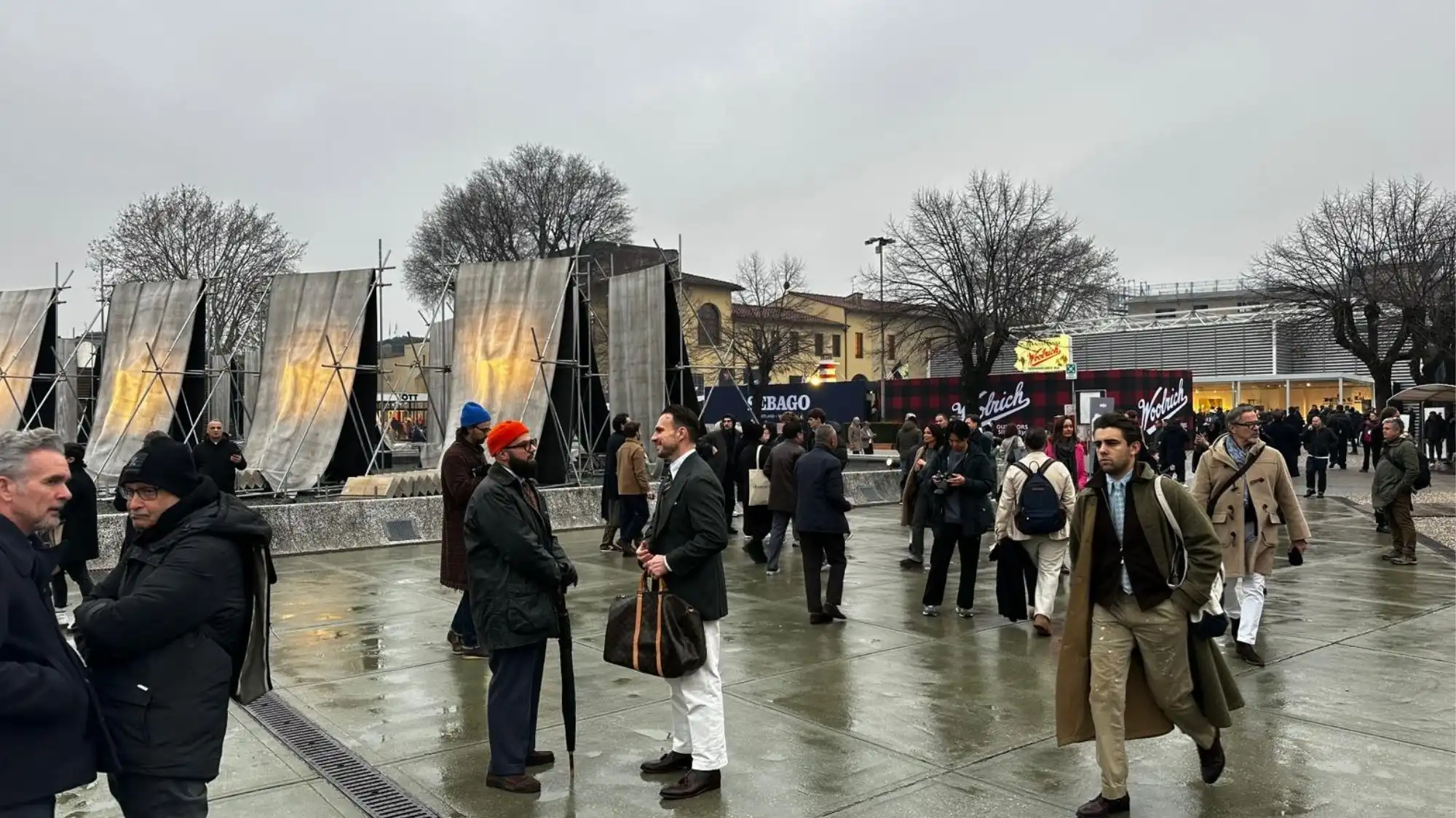 Pitti Uomo 109 Florence outdoor scene with menswear professionals reflecting Autumn Winter 2026 2027 fashion trends and MOTION theme
