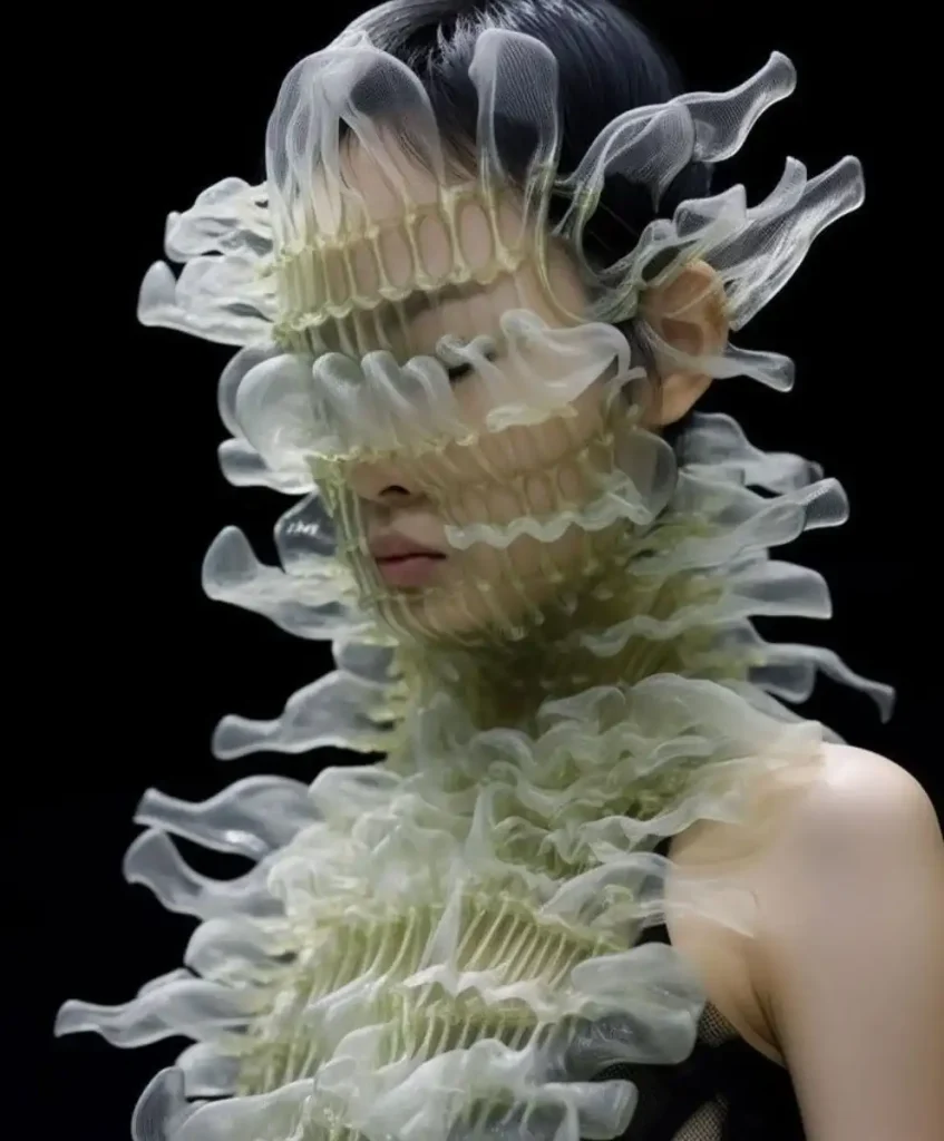 Cultivated fashion design expressing biological sophistication and evolving materials in future fashion systems