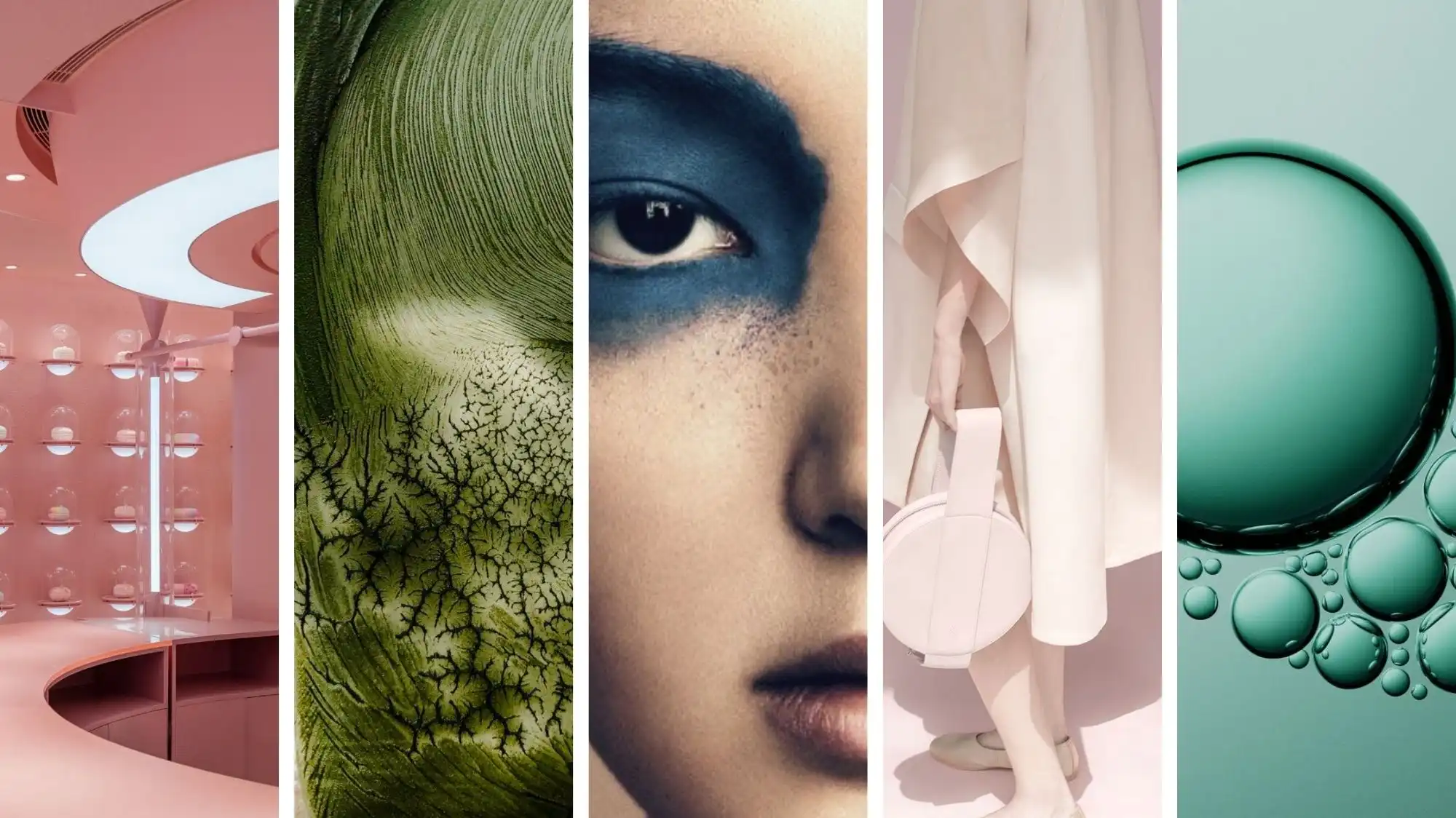 Spring Summer 2028 color trend visual featuring Ash Rose, Green Olive, Moonlit Ocean, Linen, and Aquacade interpreted through fashion, beauty, interiors, and material textures