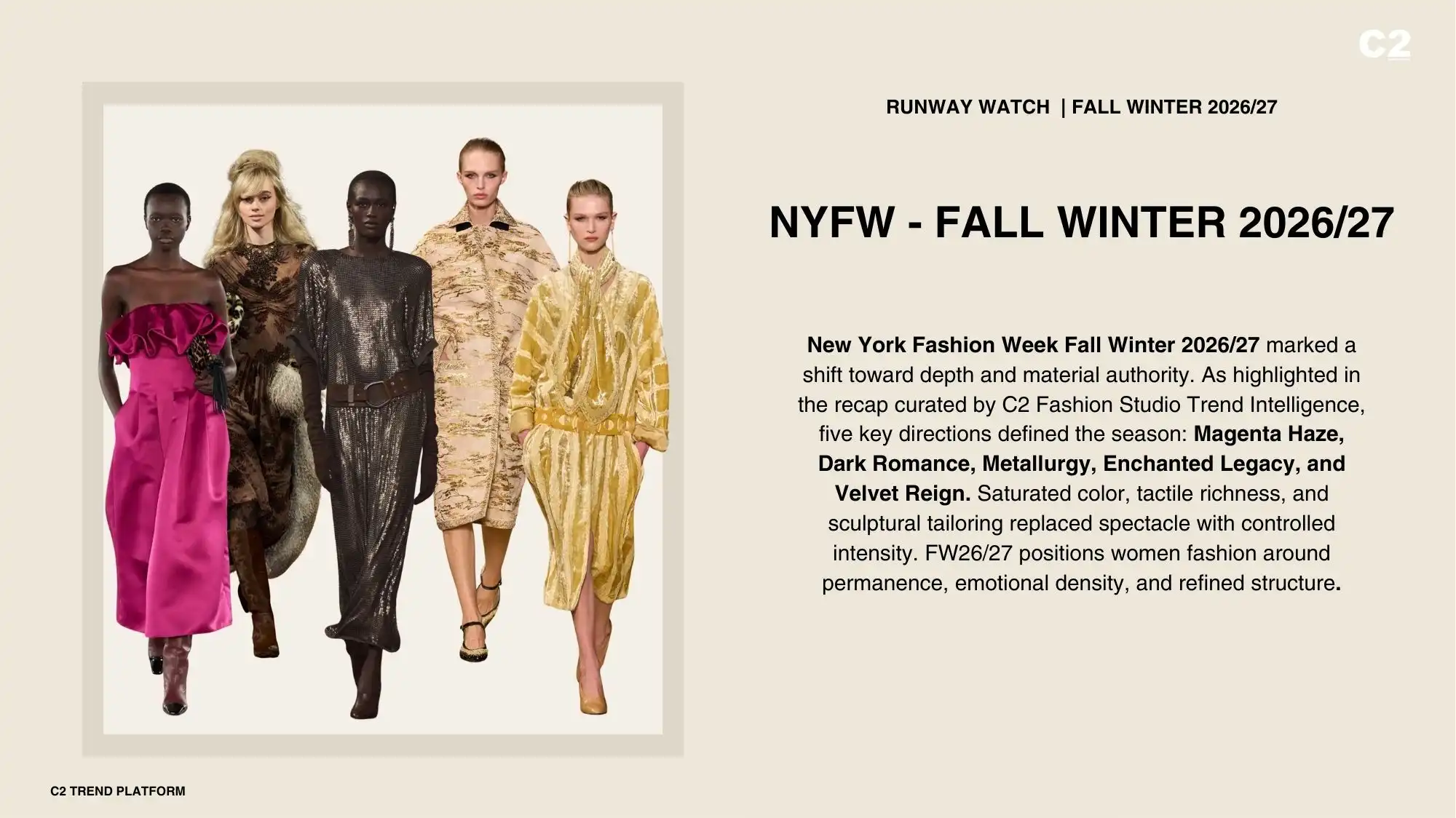 NYFW Fall Winter 2026/27 women fashion trends highlighting sculptural tailoring and material depth