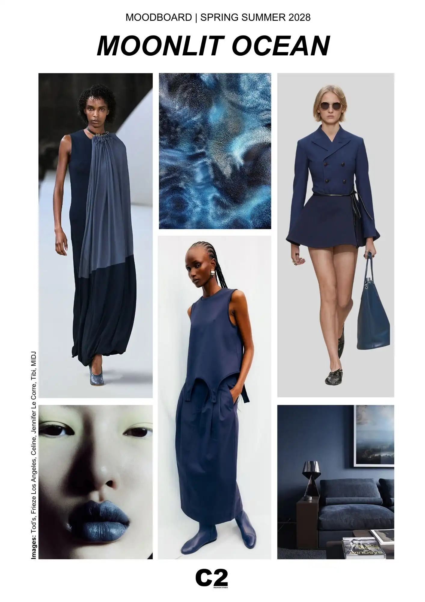 Moonlit Ocean color trend moodboard for Spring Summer 2028 featuring deep blue fashion, beauty, textures, and interiors expressing stability, clarity, and quiet authority