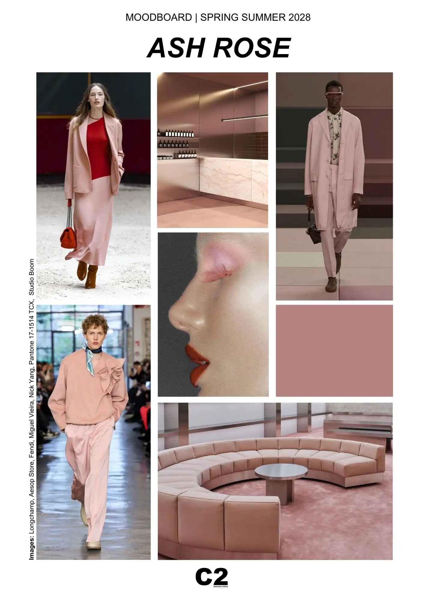 Ash Rose color trend moodboard for Spring Summer 2028 showing fashion, beauty, and interior inspirations expressing stability, softness, and luminous balance