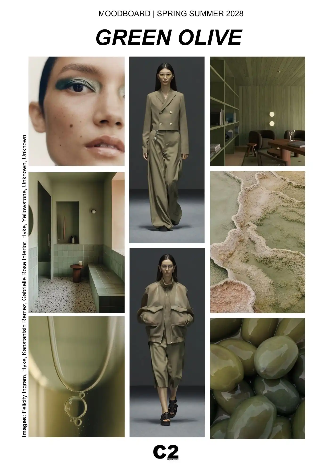 Green Olive color trend moodboard for Spring Summer 2028 featuring fashion, interiors, beauty, and natural textures expressing balance, material realism, and stability