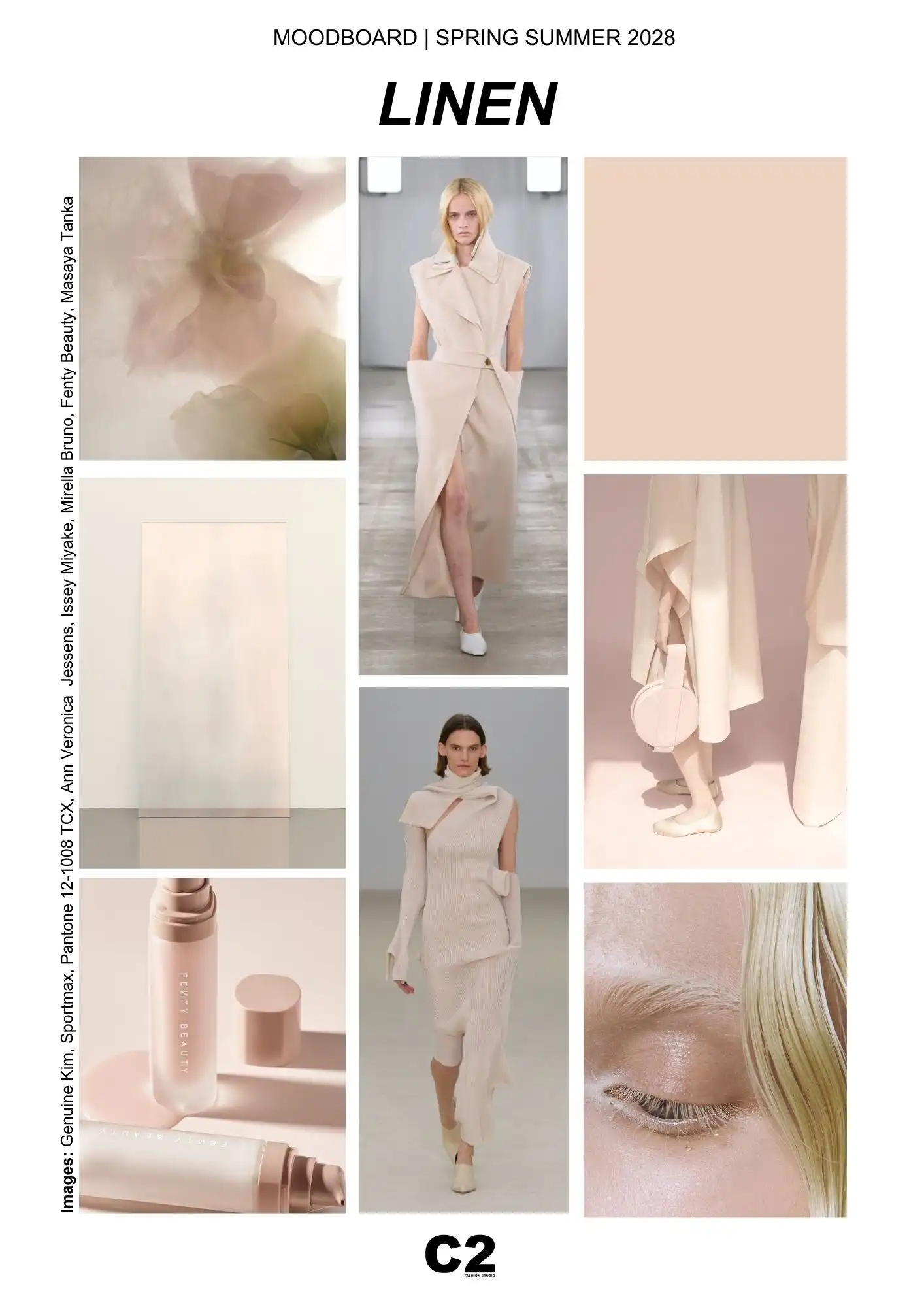 Linen color trend moodboard for Spring Summer 2028 featuring fashion, beauty, soft textures, and interiors expressing luminous balance, softness, and clarity