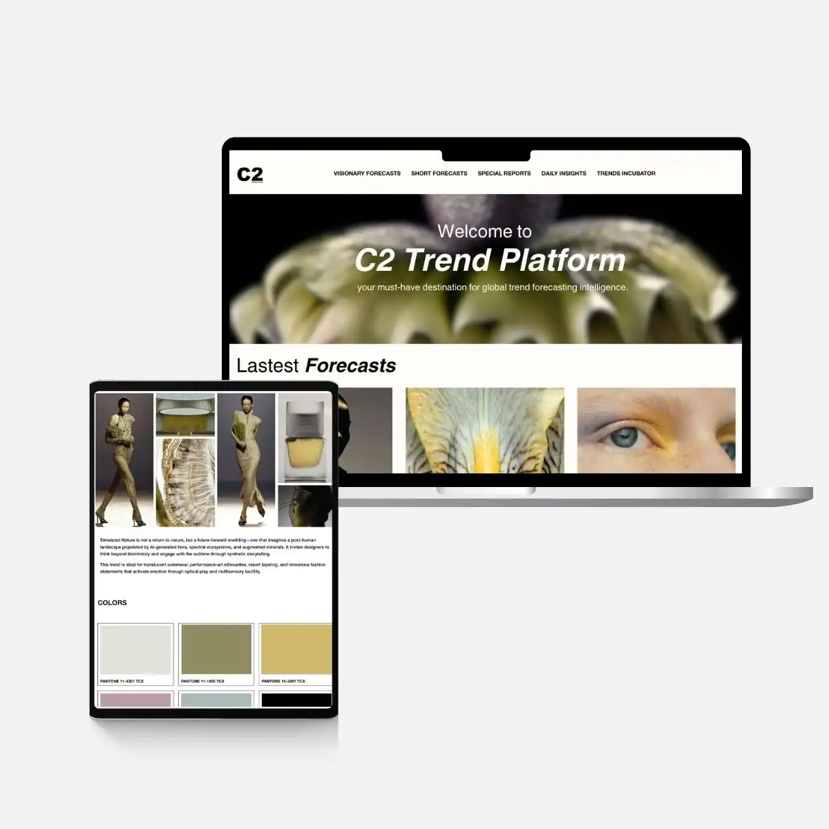 C2 Trend Platform interface showcasing Fashion Trend Forecasting 2027 2028 insights across desktop and tablet devices.