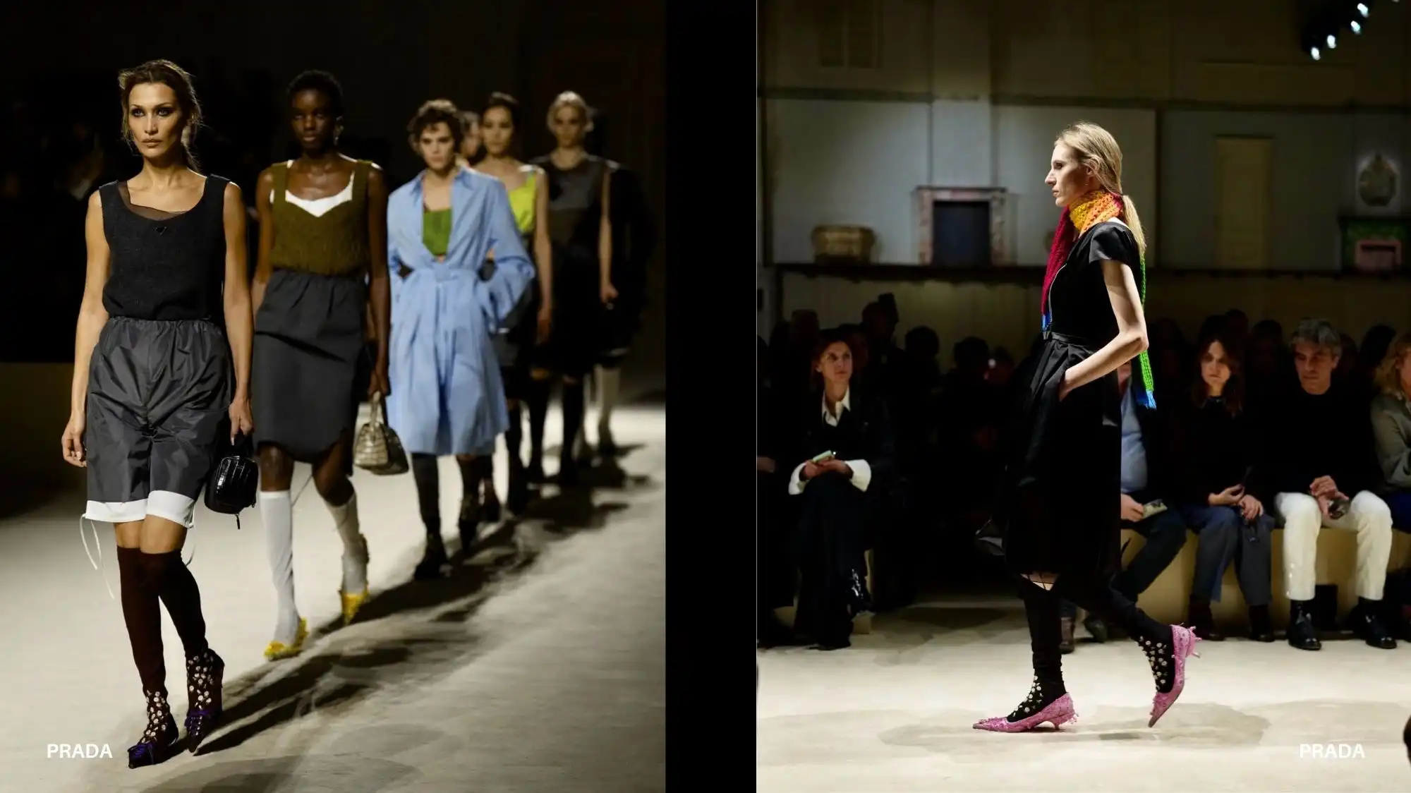 Prada Fall Winter 2026/27 runway looks featuring layered silhouettes and architectural styling analyzed through Fashion Trend Forecasting and Trend Intelligence by C2 Fashion Studio Trend Forecasting.