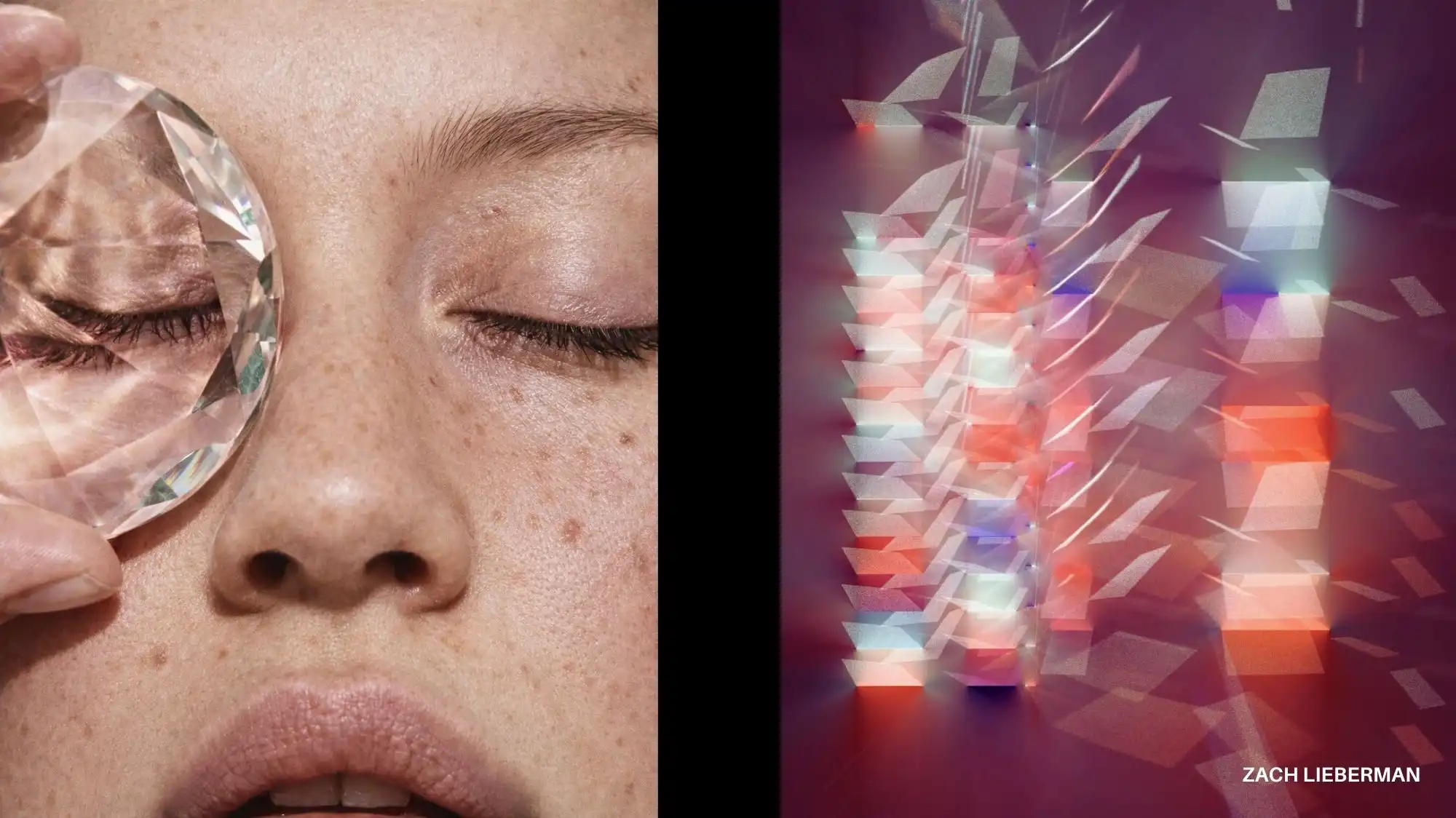 Split image showing a close-up face holding a crystal over one eye beside an abstract light installation of layered geometric shapes, expressing Structured Clarity as a Spring Summer 2028 macro trend for fashion trend forecasting and trend intelligence.