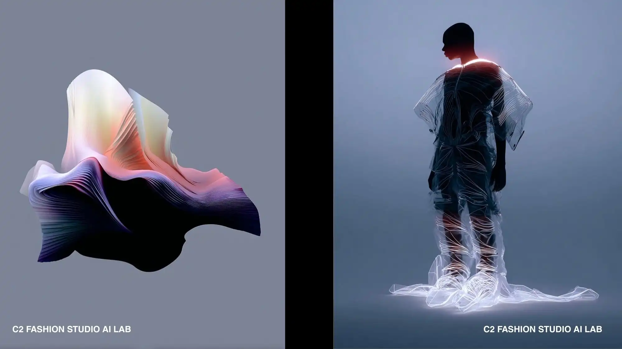 Diptych showing an AI‑generated flowing fabric sculpture and a silhouetted figure wearing a luminous advanced textile outfit, visualising futuristic materials for C2 Fashion Studio AI Lab trend forecasting solutions.