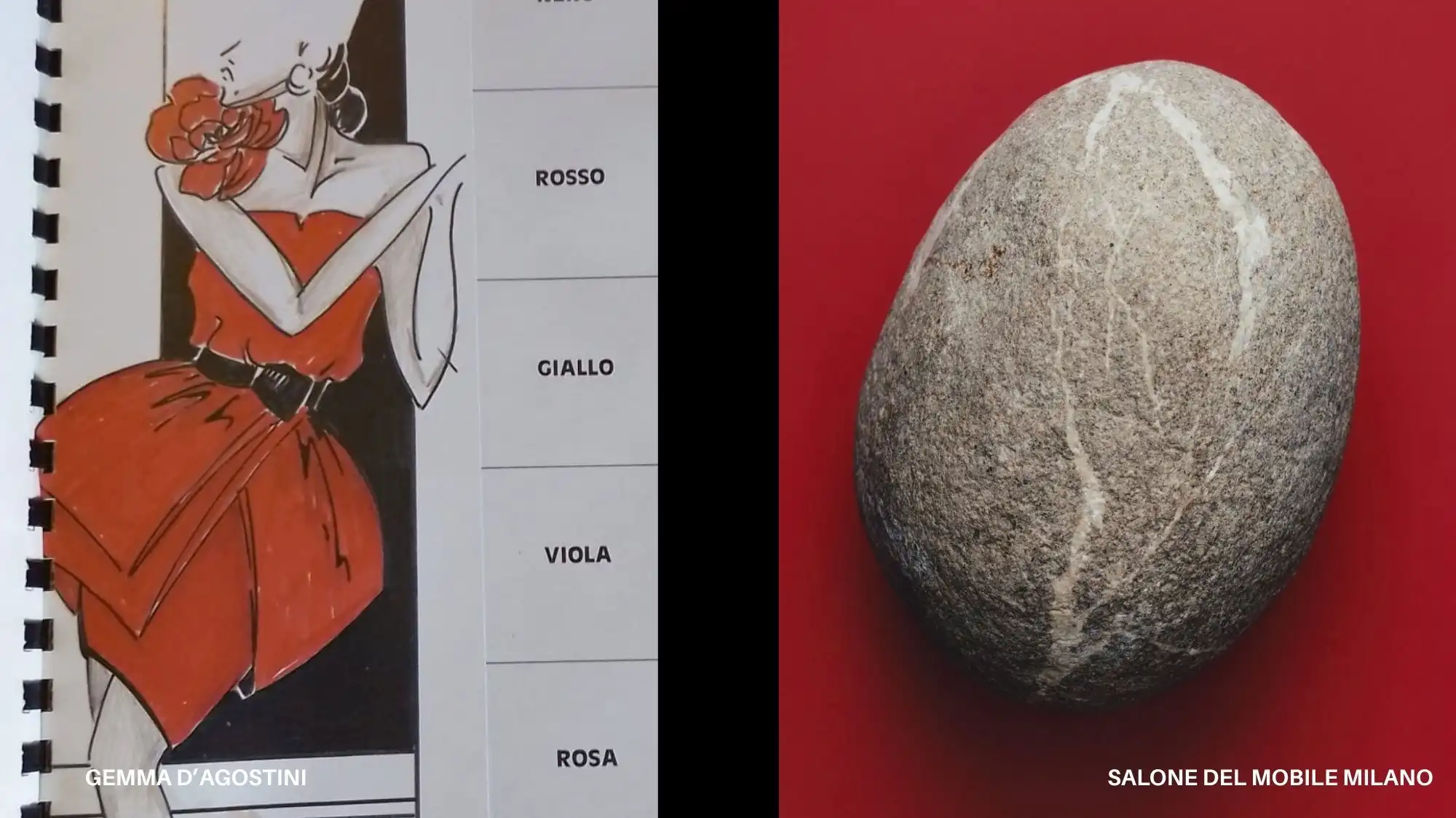 Split image showing a red fashion illustration of a woman in a dress beside a smooth grey stone on a red background, representing April 2026 fashion trend forecast and design events.