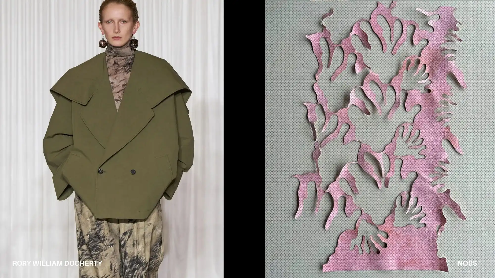 Split image showing a model in an oversized olive green tailored coat with exaggerated shoulders beside a pink cut‑out textile artwork, illustrating sculpted volume and organic patterning as part of Spring Summer 2028 Structured Clarity fashion trend forecasting.