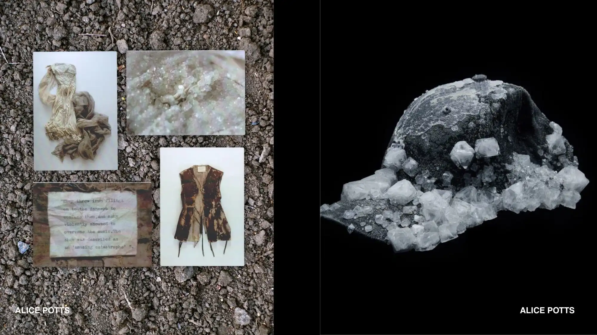 Diptych showing decomposed garments and crystalline growths by Alice Potts: archival photos of decayed clothing on soil beside a dark image of a cap encrusted with salt‑like crystals, illustrating Entropism and material transformation in fashion.