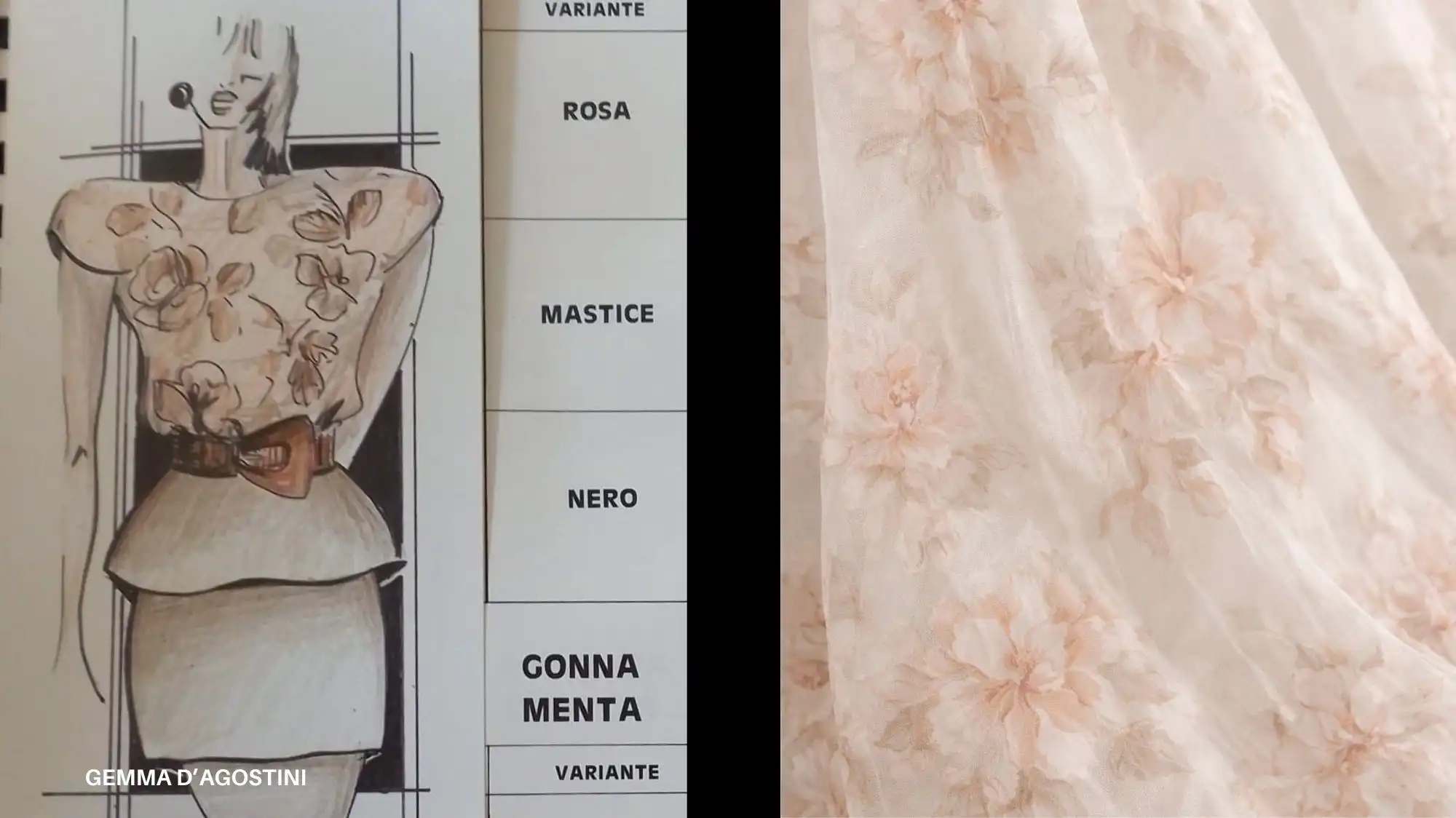 Split image showing a fashion illustration of a structured floral outfit beside a close‑up of soft peach floral fabric, highlighting April 2026 bridalwear and romantic design trends.