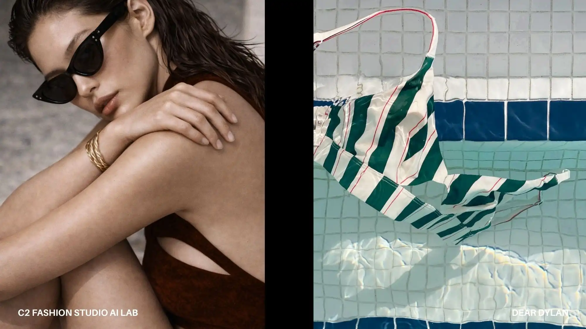 Beachwear Autumn Winter 2027 2028 fashion trend forecasting, grounded resonance resortwear with textured cutout dress and striped swimsuit in water, material intelligence aesthetic