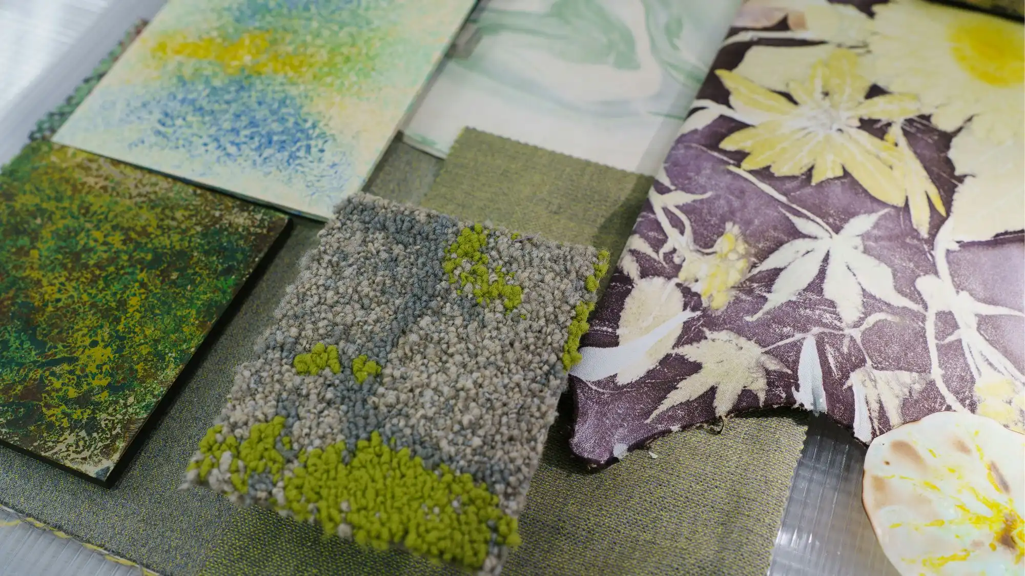 Textile swatches, color samples, and material textures used in Fashion Trend Forecasting research by C2 Fashion Studio Trend Forecasting.