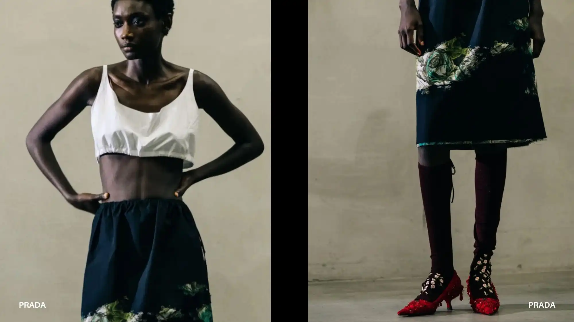 Prada Fall Winter 2026/27 runway look featuring layered skirt styling, cropped top, and architectural silhouette analyzed through Fashion Trend Forecasting by C2 Fashion Studio Trend Forecasting.