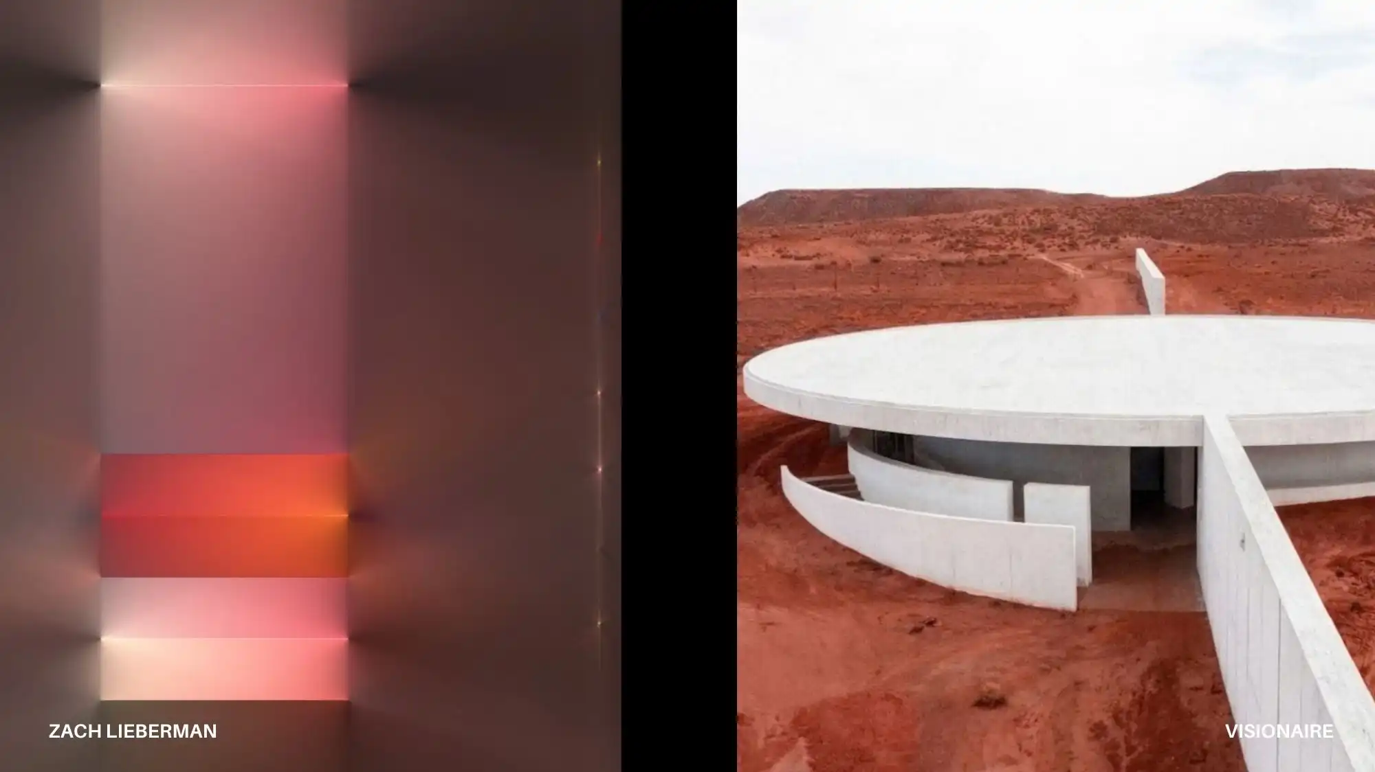 Diptych showing a vertical abstract light artwork in soft pink and orange tones beside a circular white concrete building in a red desert landscape, expressing Structured Clarity and controlled geometry as part of Spring Summer 2028 macro trend forecasting.