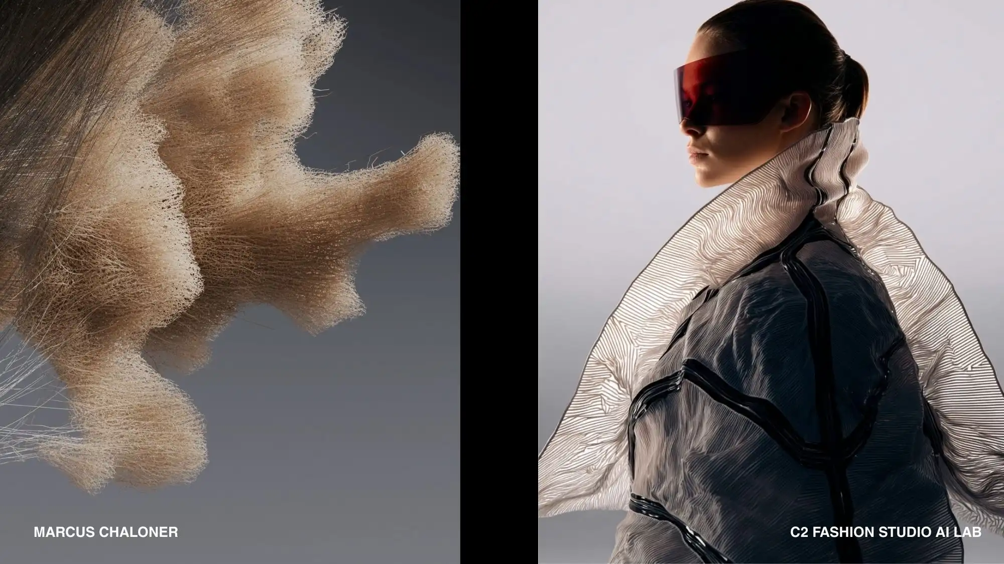Diptych showing a beige, cloud‑like fibre structure beside a model in a translucent, sculptural jacket with dark seam lines, illustrating advanced textile experimentation for C2 Fashion Studio AI Lab trend forecasting.