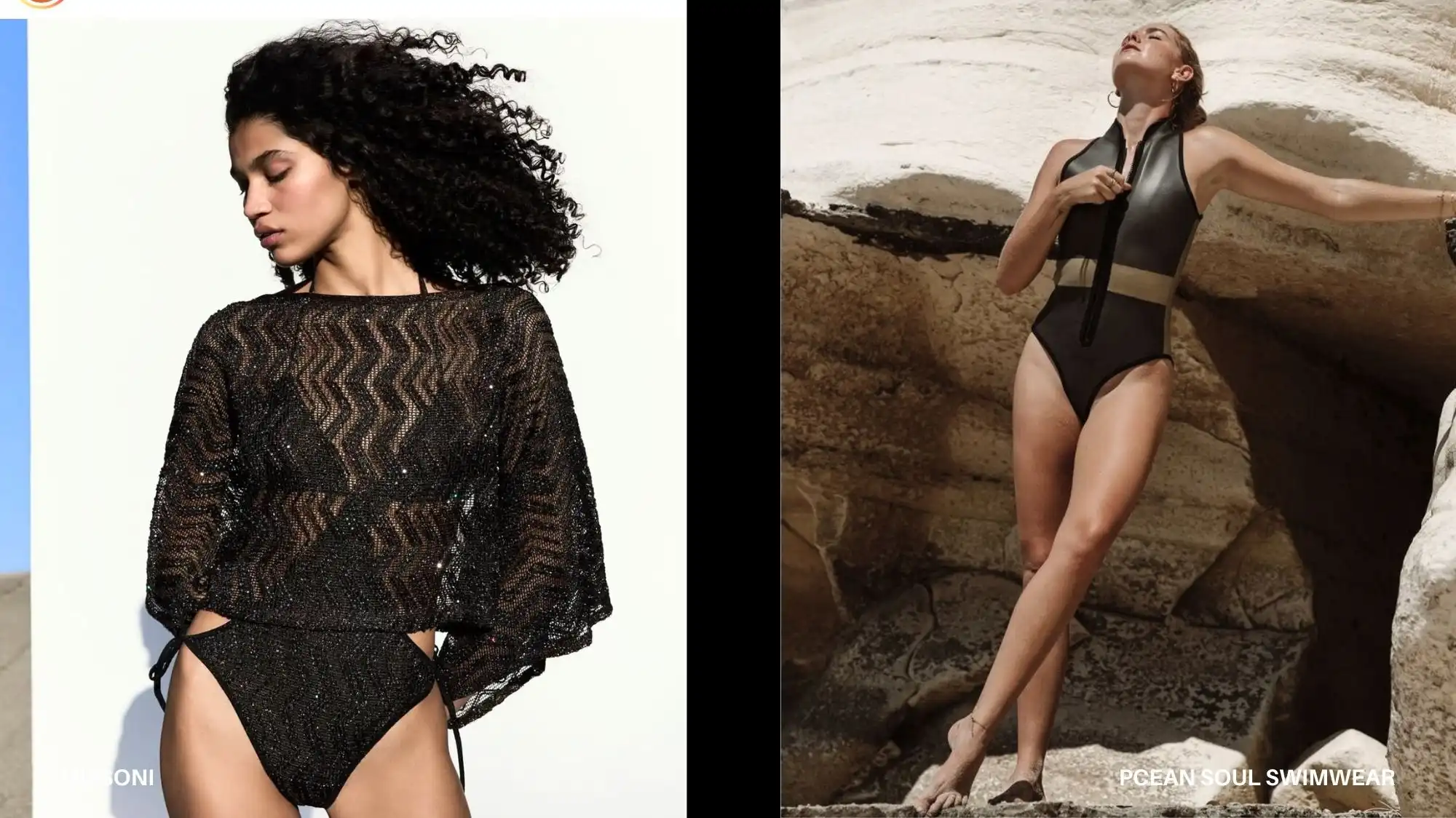 Beachwear Autumn Winter 2027 2028 fashion trend forecasting, textured black knit resortwear and sculptural one-piece swimsuit, grounded resonance and material intelligence aesthetic