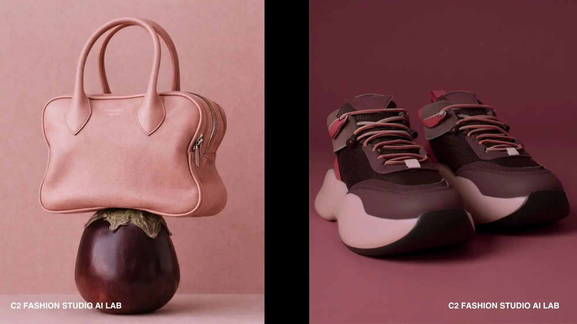 fashion product trend forecasting image, pink leather handbag and contemporary sneakers, color trend intelligence and product design direction in fashion trend forecasting