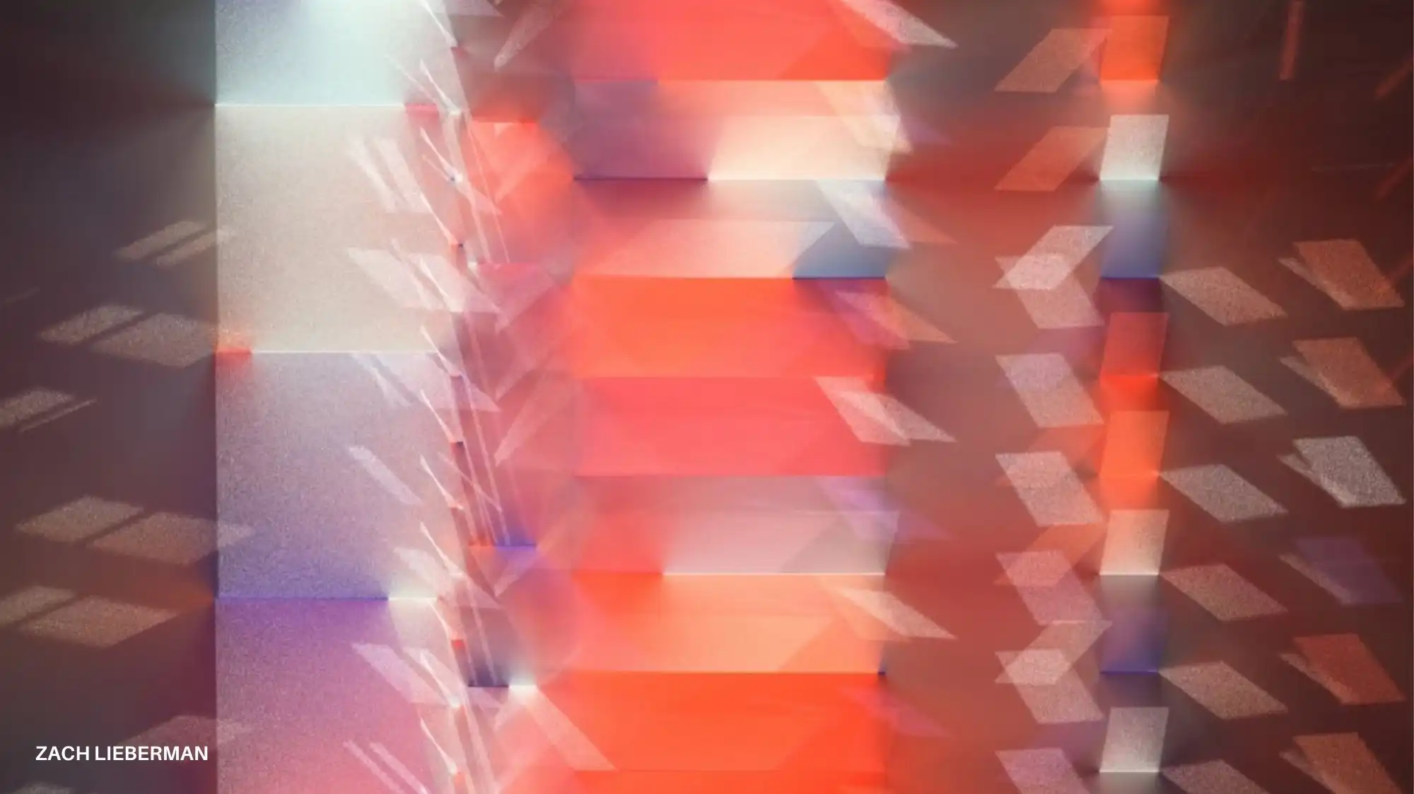 Abstract image of layered rectangular light bands in red, white and soft violet tones, forming a shifting grid that represents Structured Clarity and data‑driven patterning for Spring Summer 2028 fashion trend forecasting.