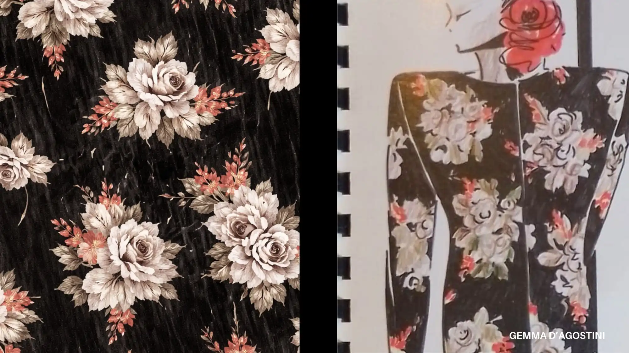 Split image showing a dark floral print with pale roses beside a fashion illustration of a fitted dress in the same floral pattern, representing April 2026 eveningwear and romantic print trends.