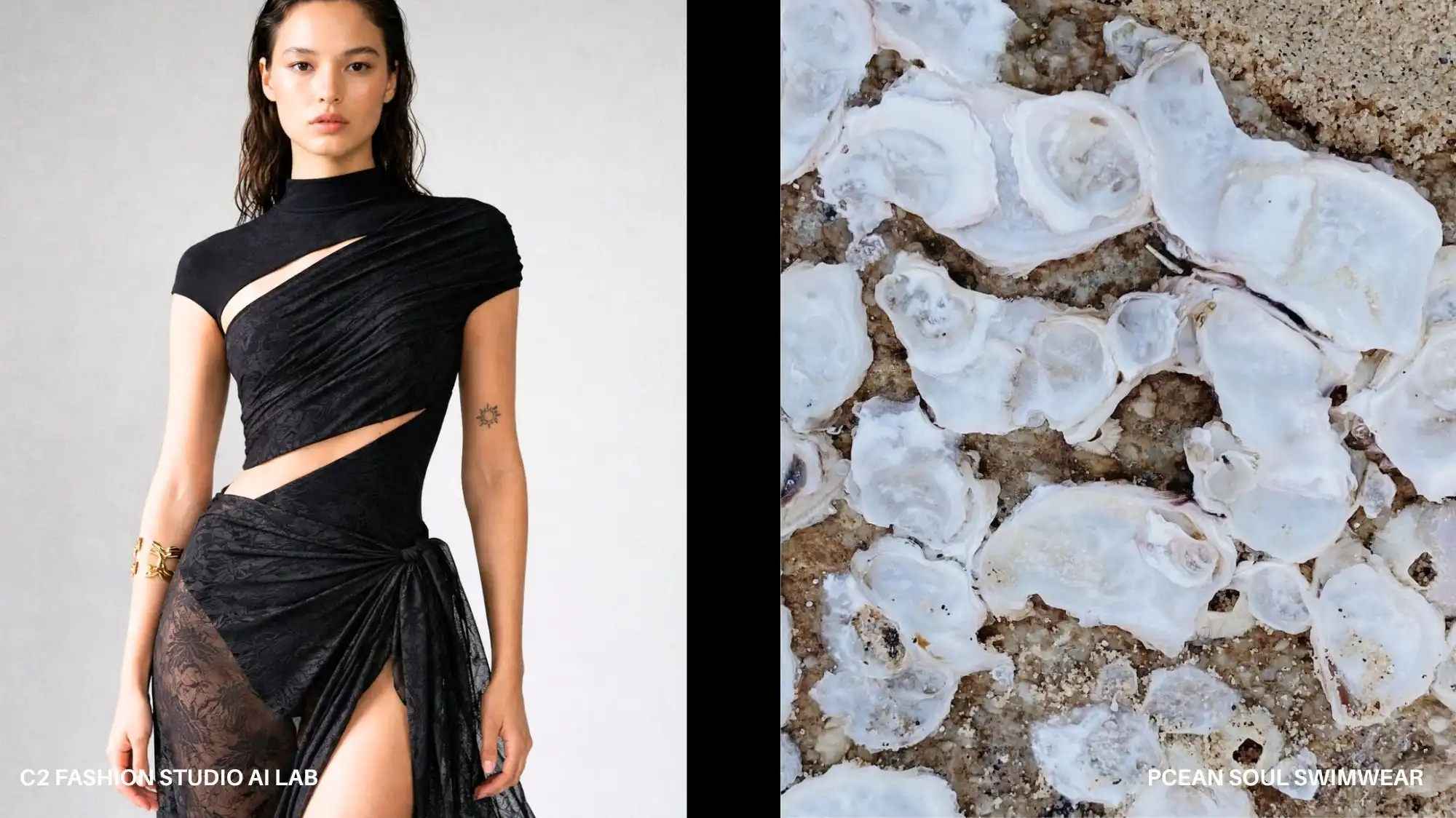 Beachwear Autumn Winter 2027 2028 fashion trend forecasting, black cutout resortwear dress with textured fabric and organic oyster shell surface, grounded resonance and material intelligence