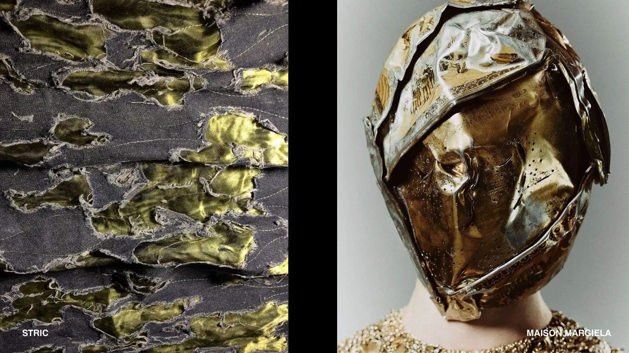 Diptych showing a close‑up of shredded grey fabric revealing metallic green layers beside a sculptural gold metal headpiece, expressing Entropism and corroded luxury in fashion design.