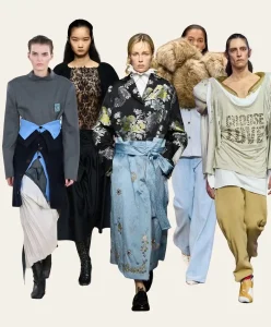 London Fashion Week Fall/Winter 2026/27 runway looks showcasing layered tailoring, lace textures, floral embroidery, fur volume, and reconstructed proportions analyzed through Fashion Trend Forecasting by C2 Fashion Studio Trend Forecasting.