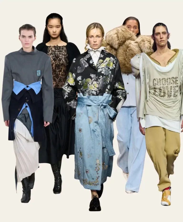 London Fashion Week Fall/Winter 2026/27 runway looks showcasing layered tailoring, lace textures, floral embroidery, fur volume, and reconstructed proportions analyzed through Fashion Trend Forecasting by C2 Fashion Studio Trend Forecasting.