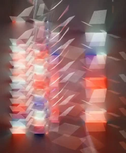 Abstract light installation of layered geometric shapes in red, white and blue tones, visualising Structured Clarity as a Spring Summer 2028 macro trend for fashion trend forecasting and trend intelligence.