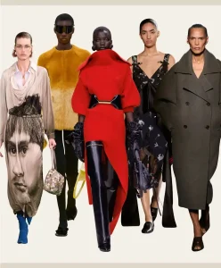 Group of five models in bold Fall/Winter 2026/27 runway looks featuring sculptural red knitwear, oversized tailoring and rich textures, illustrating Paris Fashion Week FW26/27 womenswear trends for C2 Fashion Studio trend forecasting.