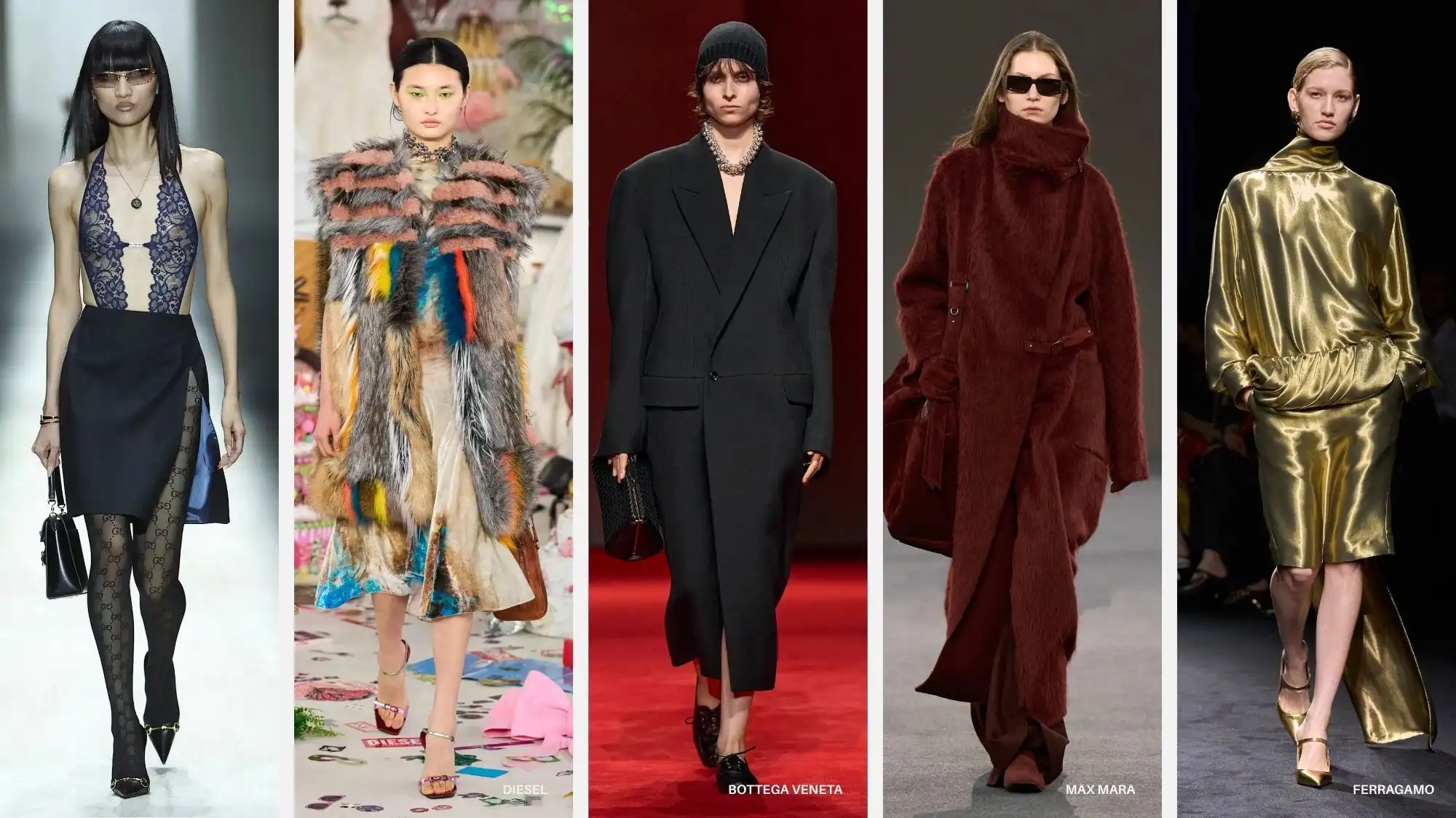 Women runway looks from Milan Fashion Week Fall Winter 2026/27 featuring lace transparency, hybrid fur, precision tailoring, and metallic fabrics analyzed through Fashion Trend Forecasting by C2 Fashion Studio Trend Forecasting.