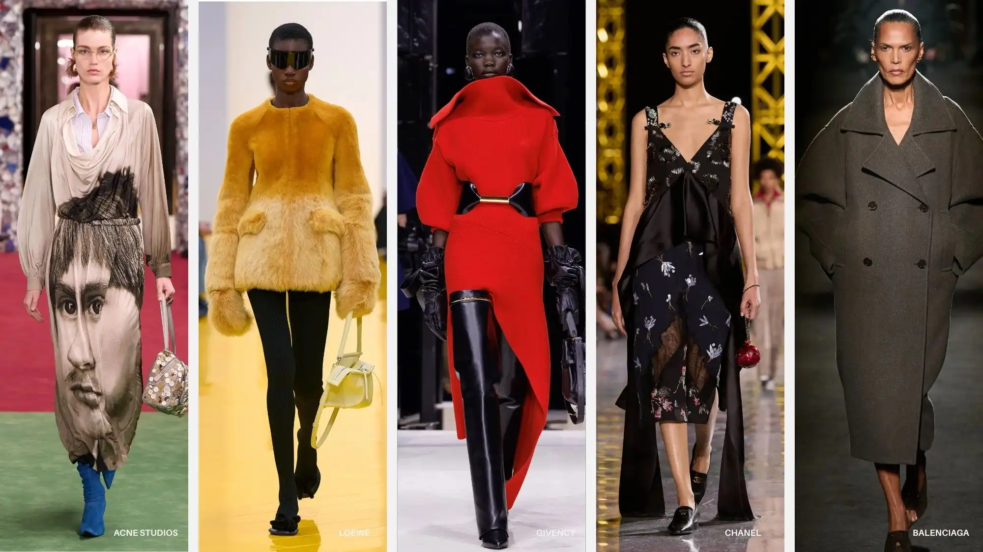 Five runway looks from Acne Studios, Loewe, Givenchy, Chanel and Balenciaga at Paris Fashion Week Fall Winter 2026/27, showcasing sculptural silhouettes, statement red, experimental materials and oversized tailoring for C2 Fashion Studio trend forecasting.