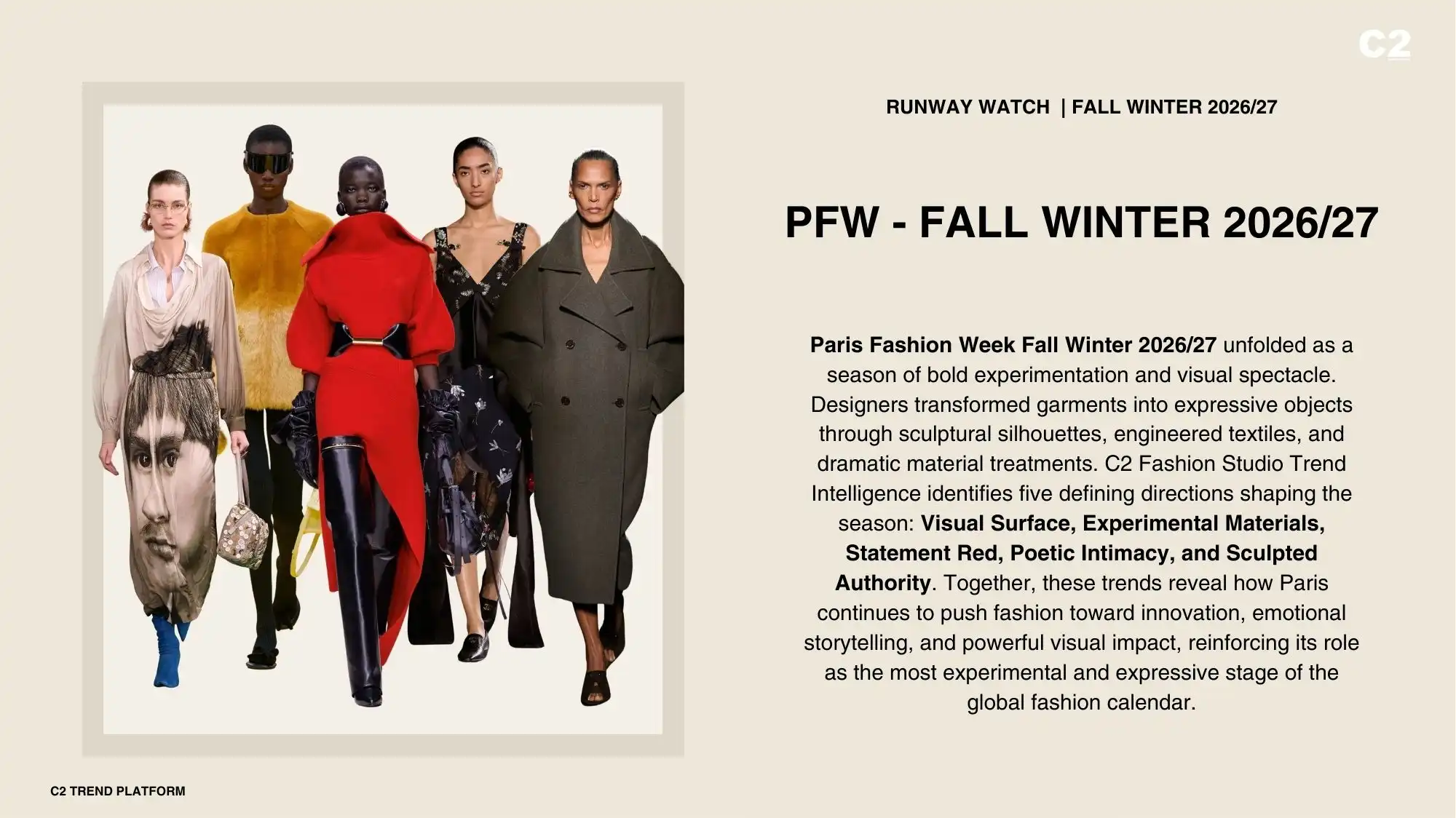 Editorial layout for C2 Fashion Studio showing Paris Fashion Week Fall Winter 2026/27 runway looks and a written trend analysis highlighting key women’s fashion directions.