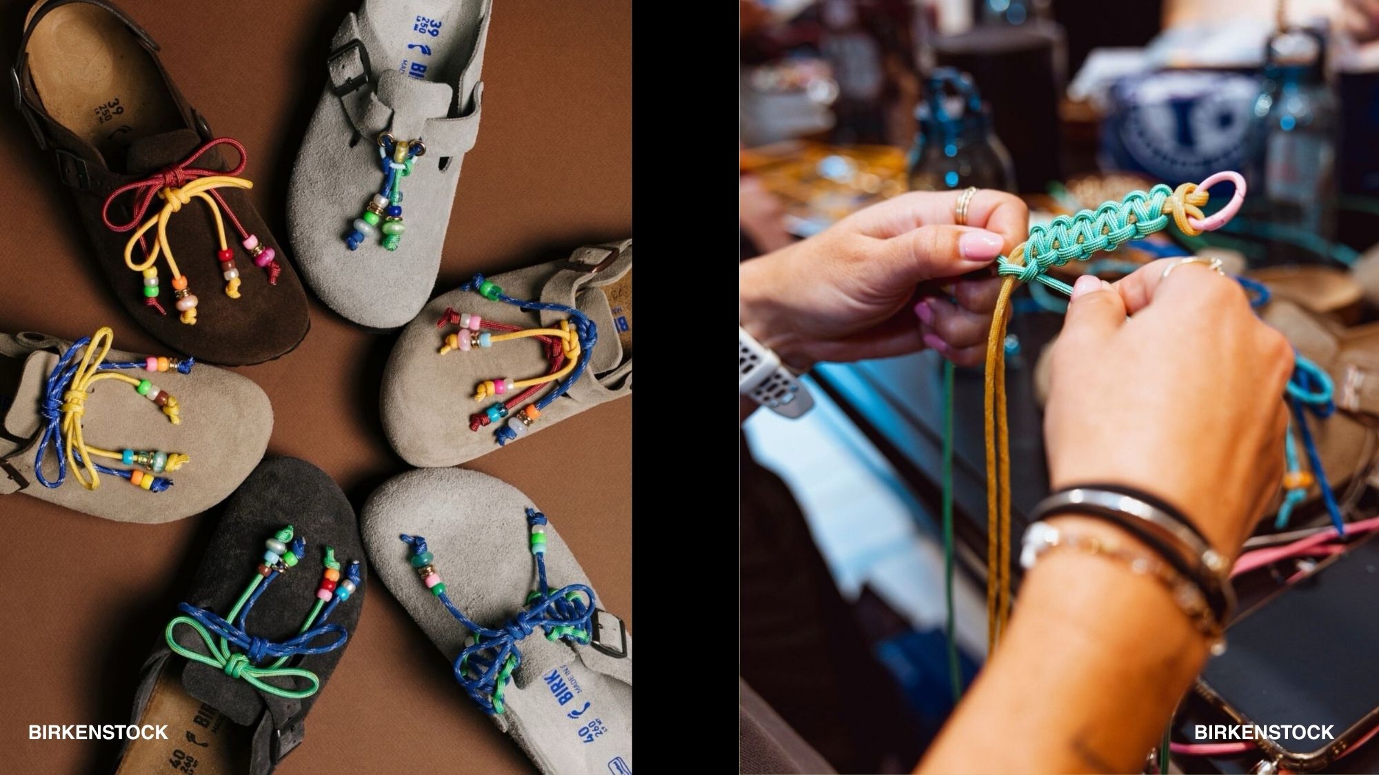 Birkenstock clogs with beaded laces beside hands braiding cord — Play Power 2027 fashion trend forecasting by C2 Fashion Studio.