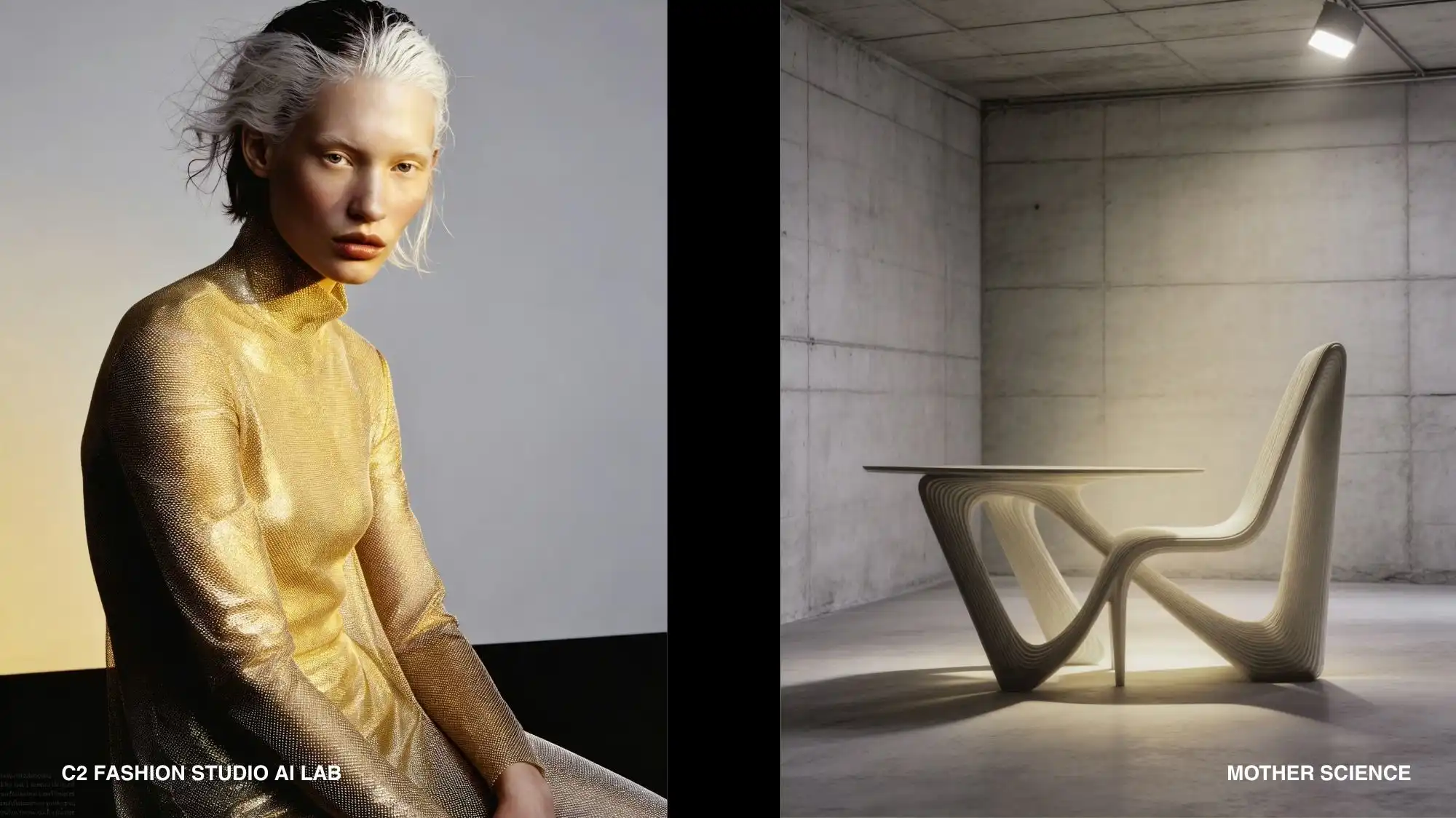 fashion trend forecasting and trend intelligence visual, metallic gold garment and futuristic sculptural chair, strategic creative research and design innovation across fashion and product design